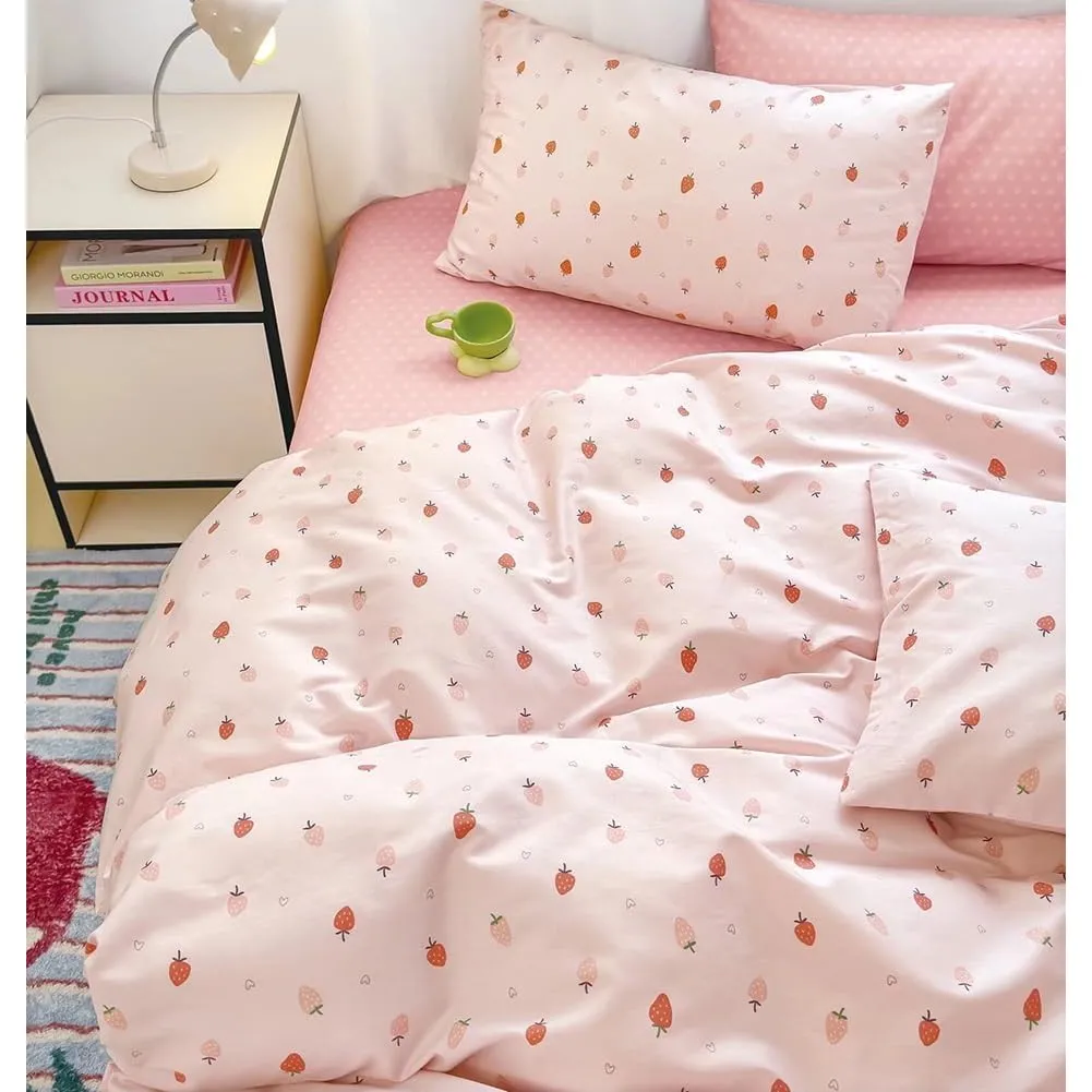 AShanlan Bettwäsche Baumwolle 135x200 Rosa Erdbeeren Kawaii Bettwäsche-Sets