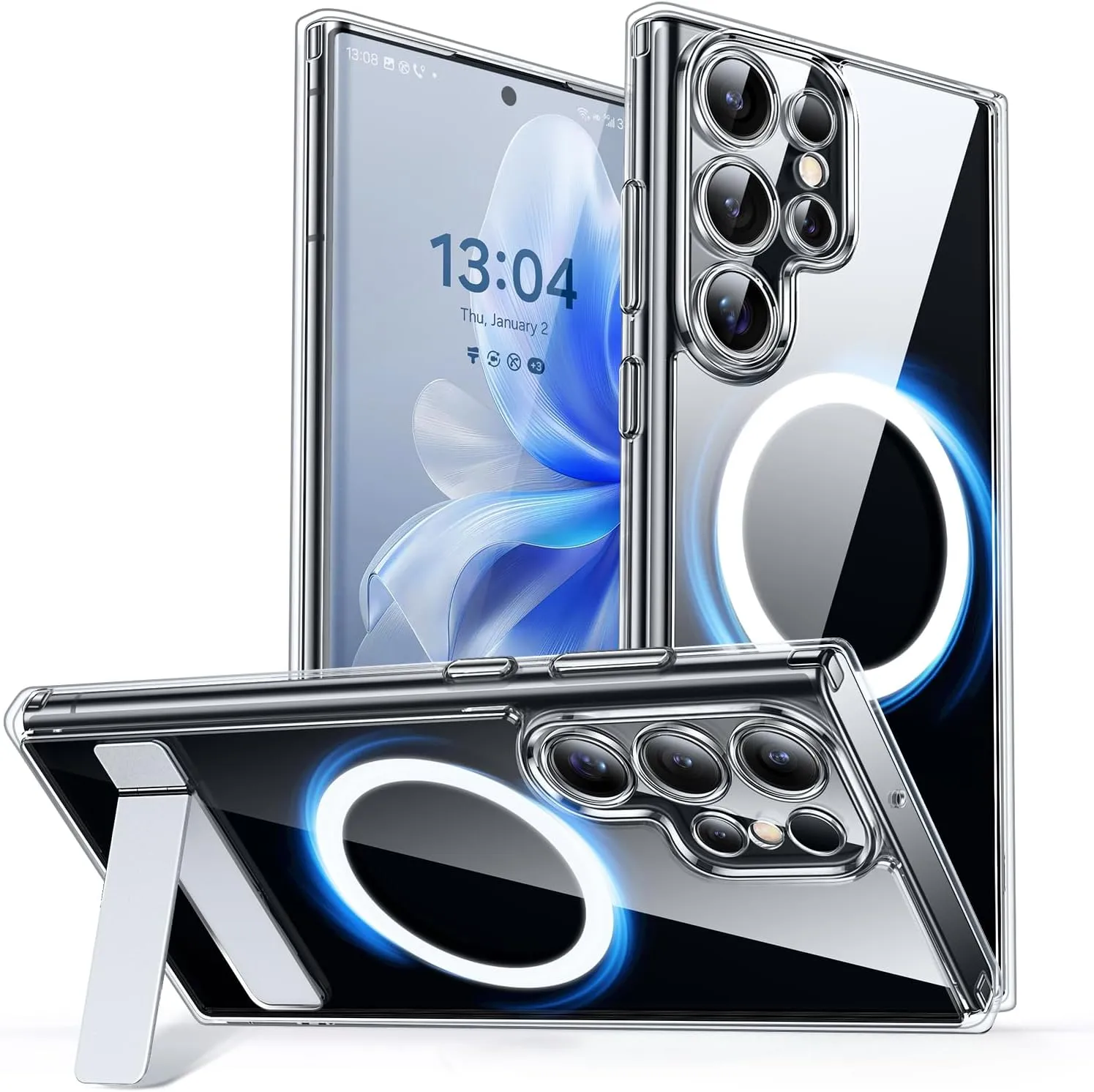 CANSHN Case with Stand for Samsung Galaxy S22 Ultra, Compatible with MagSafe, Magnetic, Camera Protection, Transparent