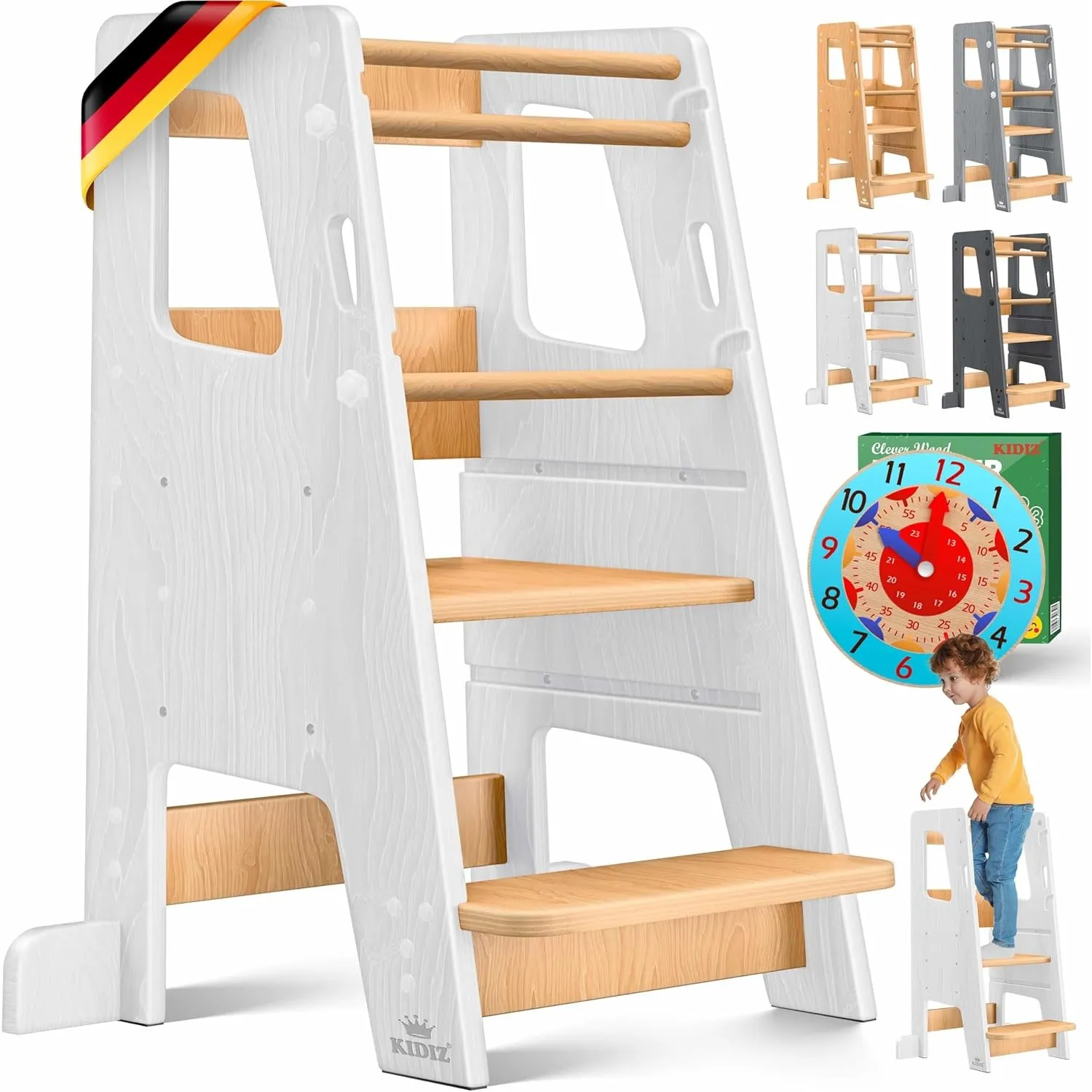 KIDIZ® Lernturm für Kinder ab 1 Jahr inkl. Lernuhr | 3-stufig Höhenverstellbarer Tritthocker aus Kiefernholz | spieleri…