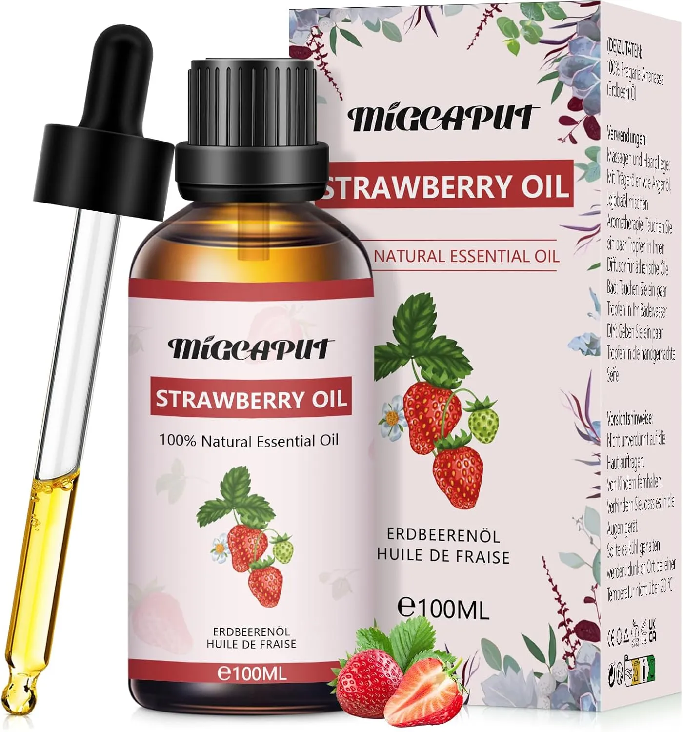 Migcaput Ätherisches Erdbeereöl 100ml, Premium Aromaöl Kerzenduftöl Erdbeere Öl für Diffuser, Luftbefeuchter, Seifenher…