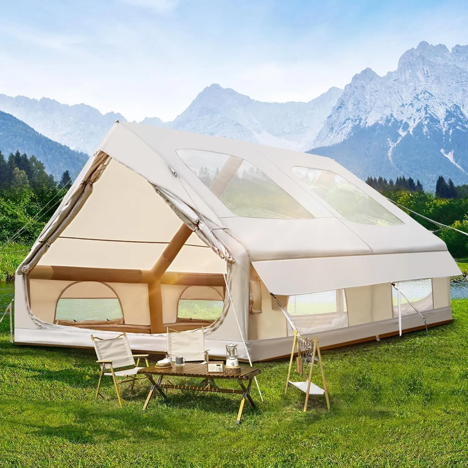 Aufblasbares Campingzelt mit Pumpe, 420D Oxford Glamping Aufblasbares Zelt für Camping, Wasserdicht bis 3000MM, 4 Saiso…