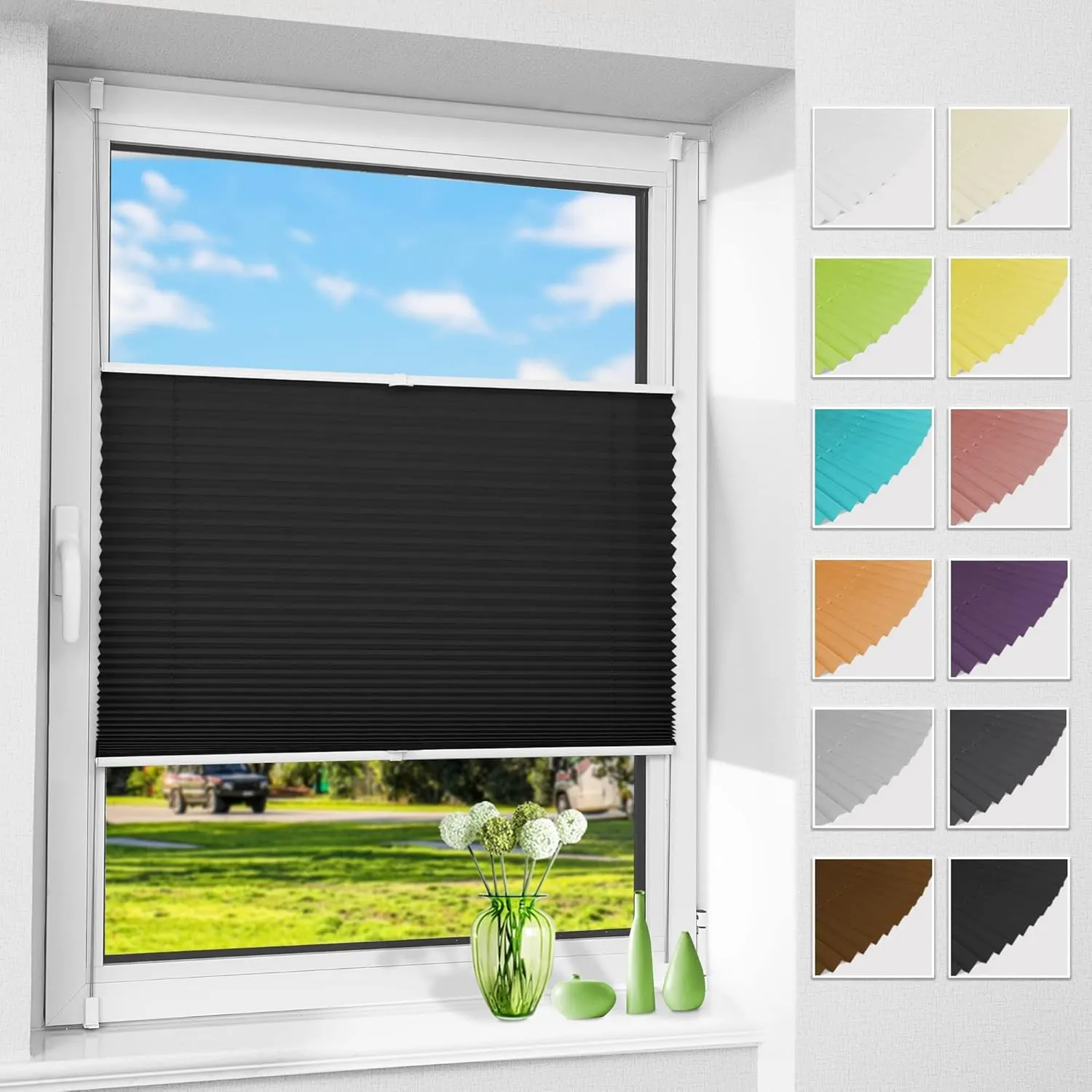 Allesin Klemmfix Pleated Blind, No Drilling Required, Black 85 x 100 cm (W x H), Pleated Blind Folding Roller Blind wit…