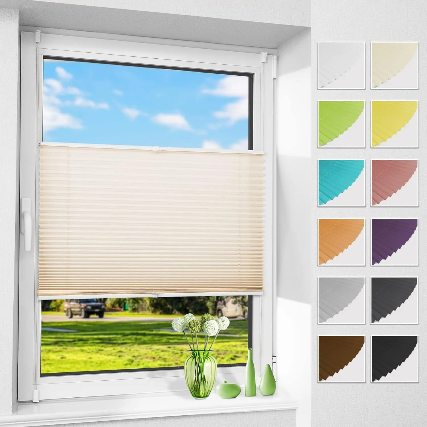 Allesin Plissee ohne Bohren Plissees Klemmfix Creme 90x80cm(BxH), Plisseerollo Faltrollo mit Klemmträger, Jalousie Roll…