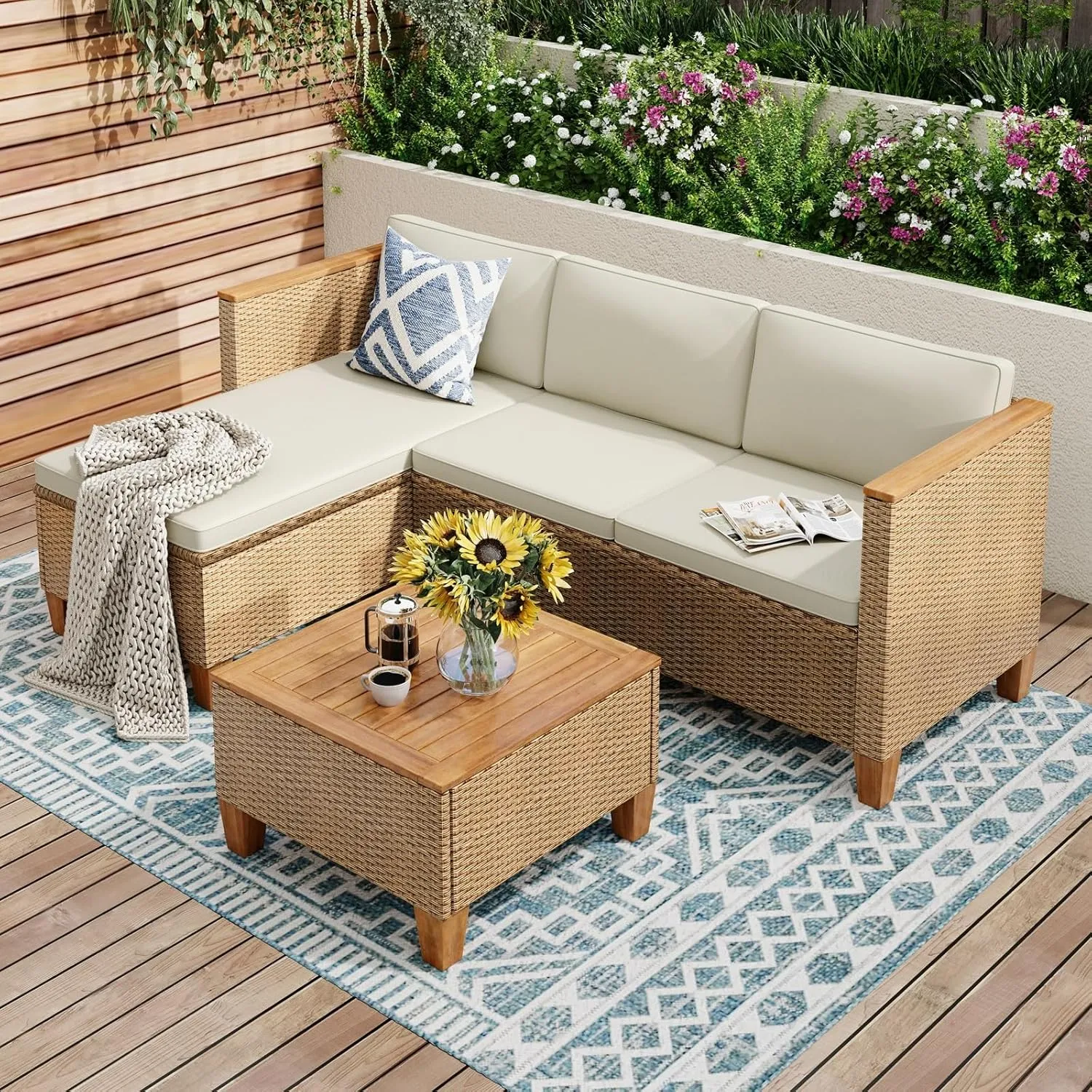 PHI VILLA 3 Teilig Gartenmöbel Set Balkonmöbel, Rattan Lounge Möbel Outdoor mit 1 Chaiselongue, 1 Zweisitzer-Sofa und 1…