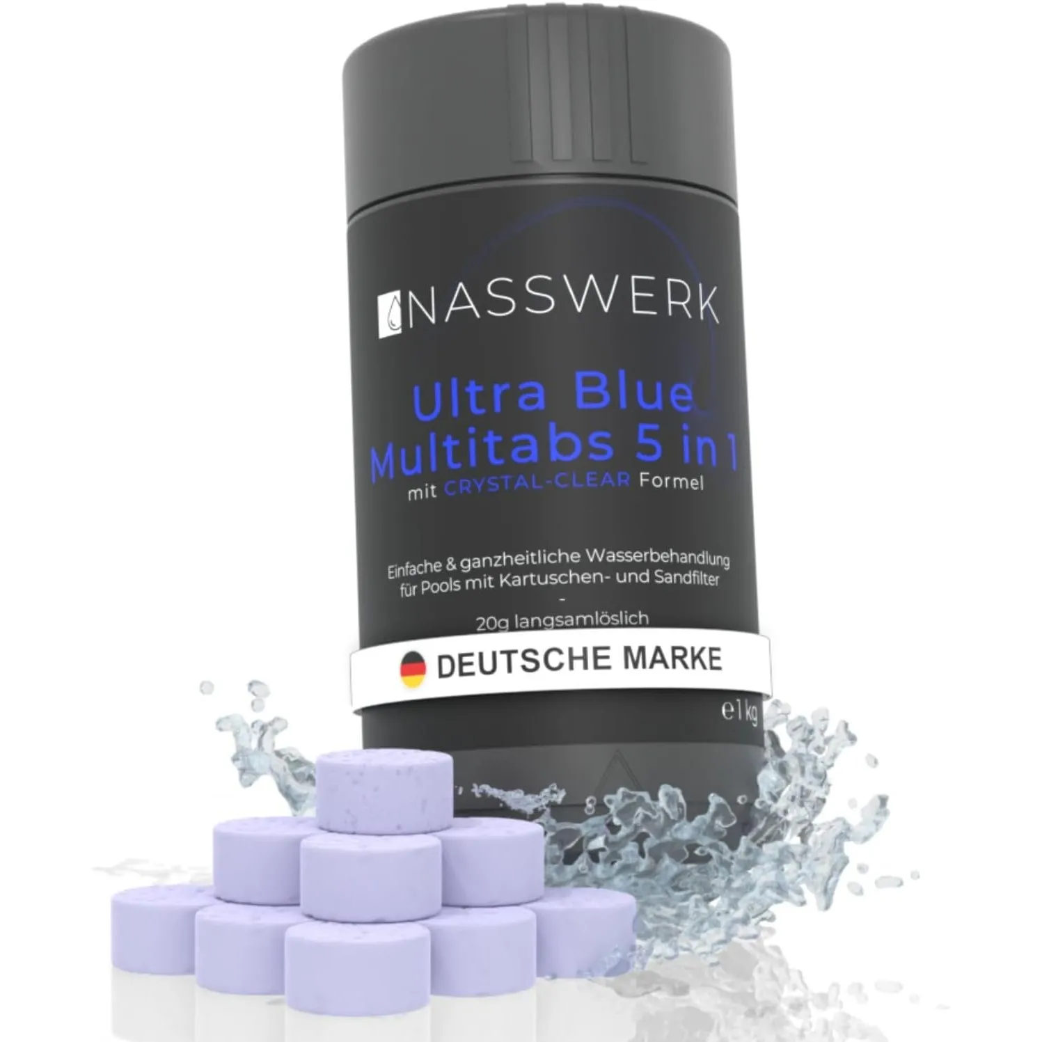 NASSWERK 5 in 1 Chlortabletten für Pool 20g (1kg bis 10kg) | Langzeit Ultra Blue Multitabs 5 in 1 für Pool & Whirlpool …