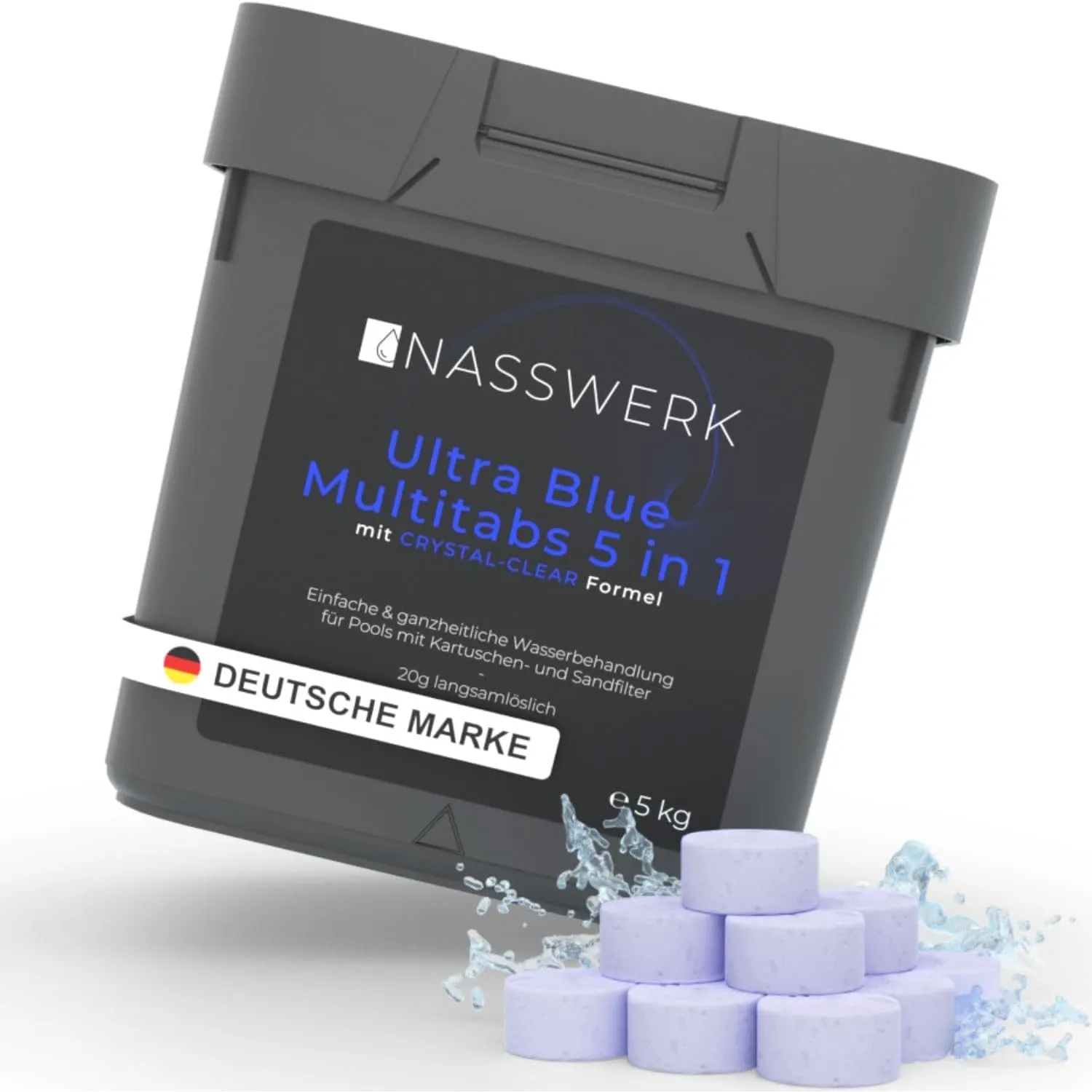 NASSWERK Ultra Blue Multitabs 5 in 1 für Pool (1kg bis 10kg) | 20g Langzeit Chlortabletten für Pool 5 in 1 | Mini Whirl…