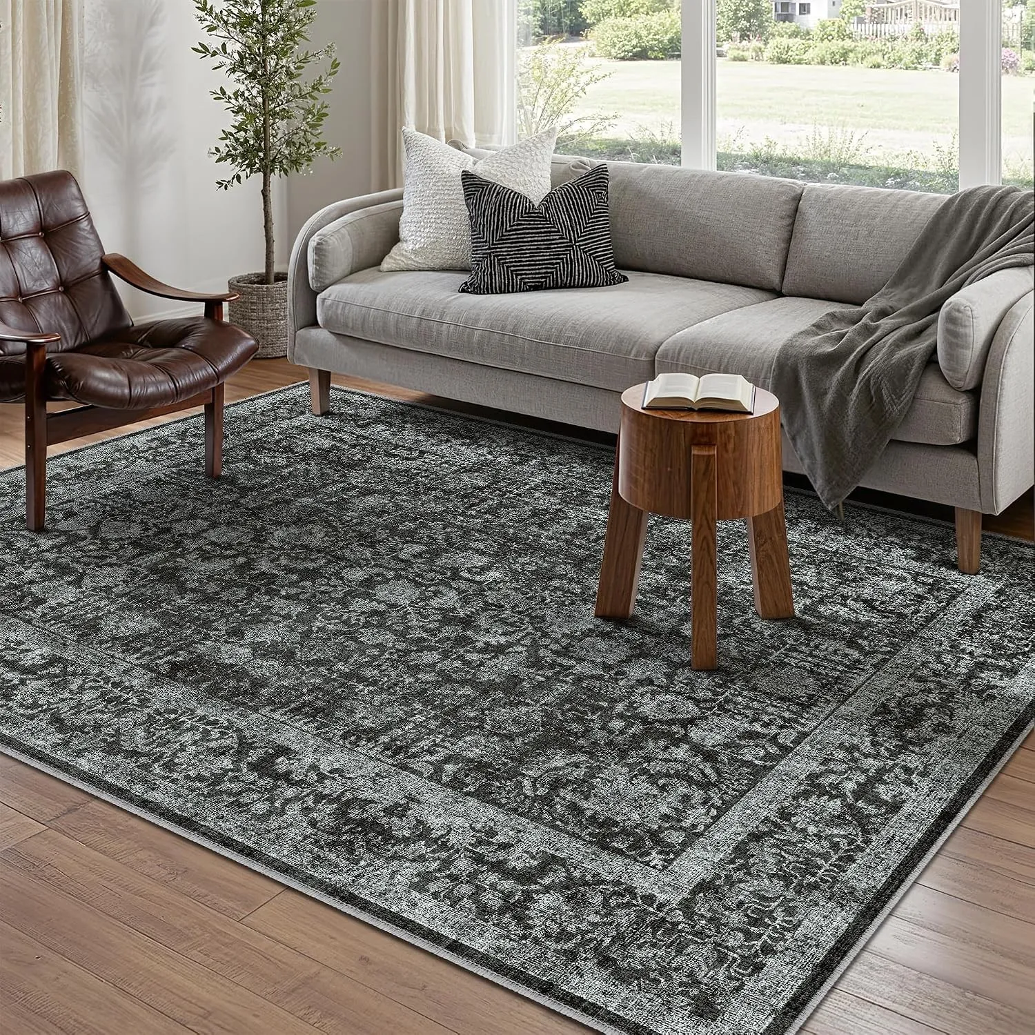 HUGEAR Vintage Tiefschwarz Waschbarer Teppich Wohnzimmer 90x150cm Retro Rugs for Living Room Weich rutschfest Groß Tepi…