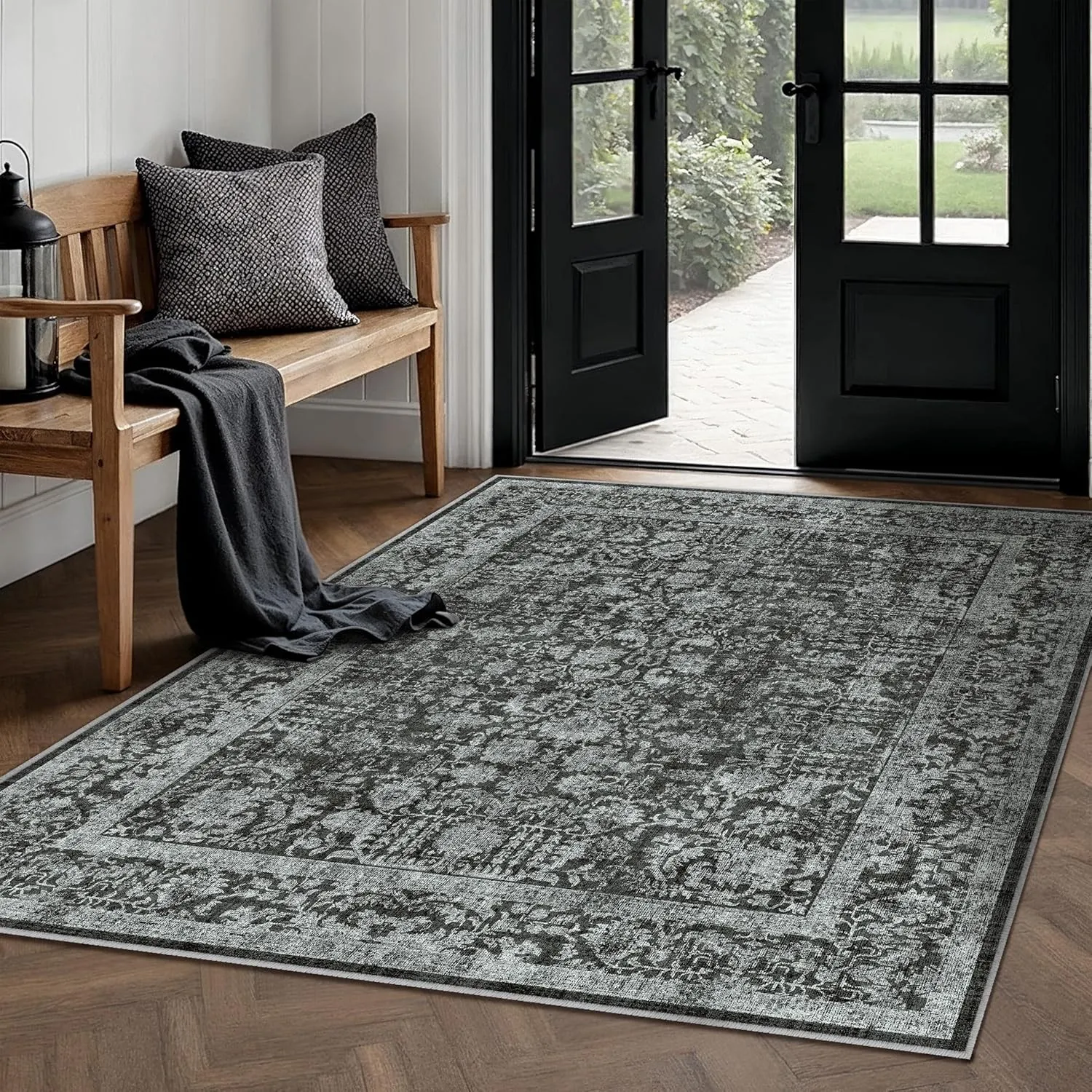 HUGEAR Vintage Tiefschwarz Waschbarer Teppich Wohnzimmer 150x210cm Retro Rugs for Living Room Weich rutschfest Groß Tep…