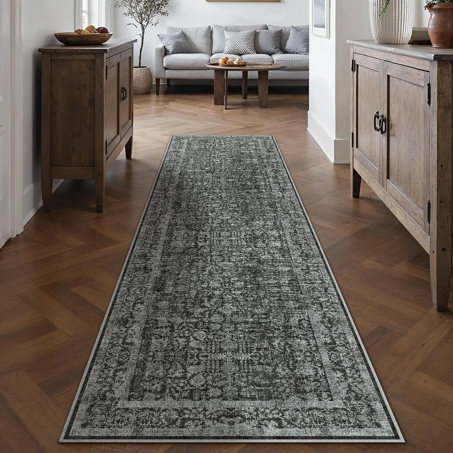 HUGEAR Tiefschwarz Vintage Teppich Läufer Flur 60x240cm Waschbar