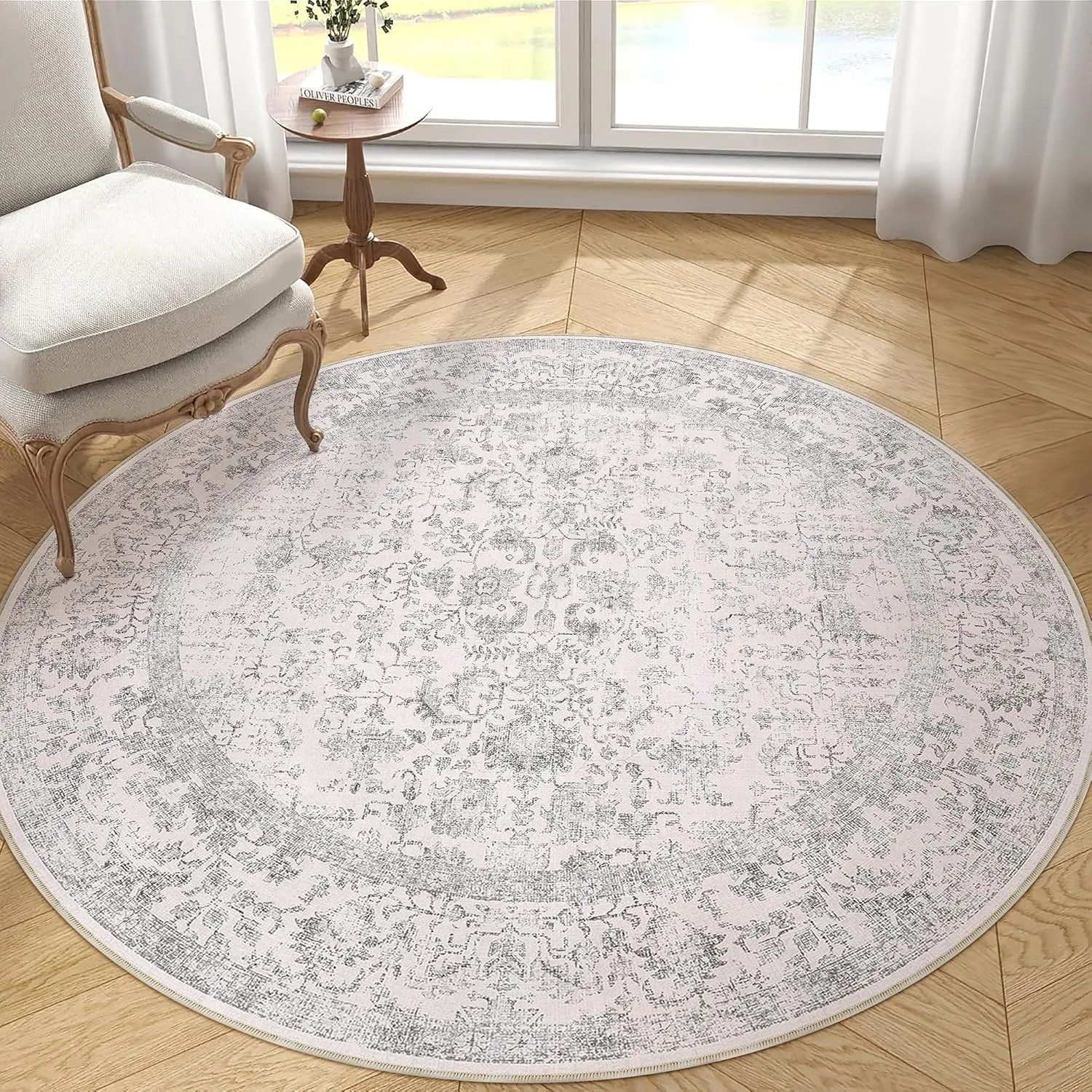 HUGEAR Vintage Washable Rug Round 180 cm Round Living Room Grey Bedroom Non-Slip Carpet Short Pile Bedroom Carpet Livin…
