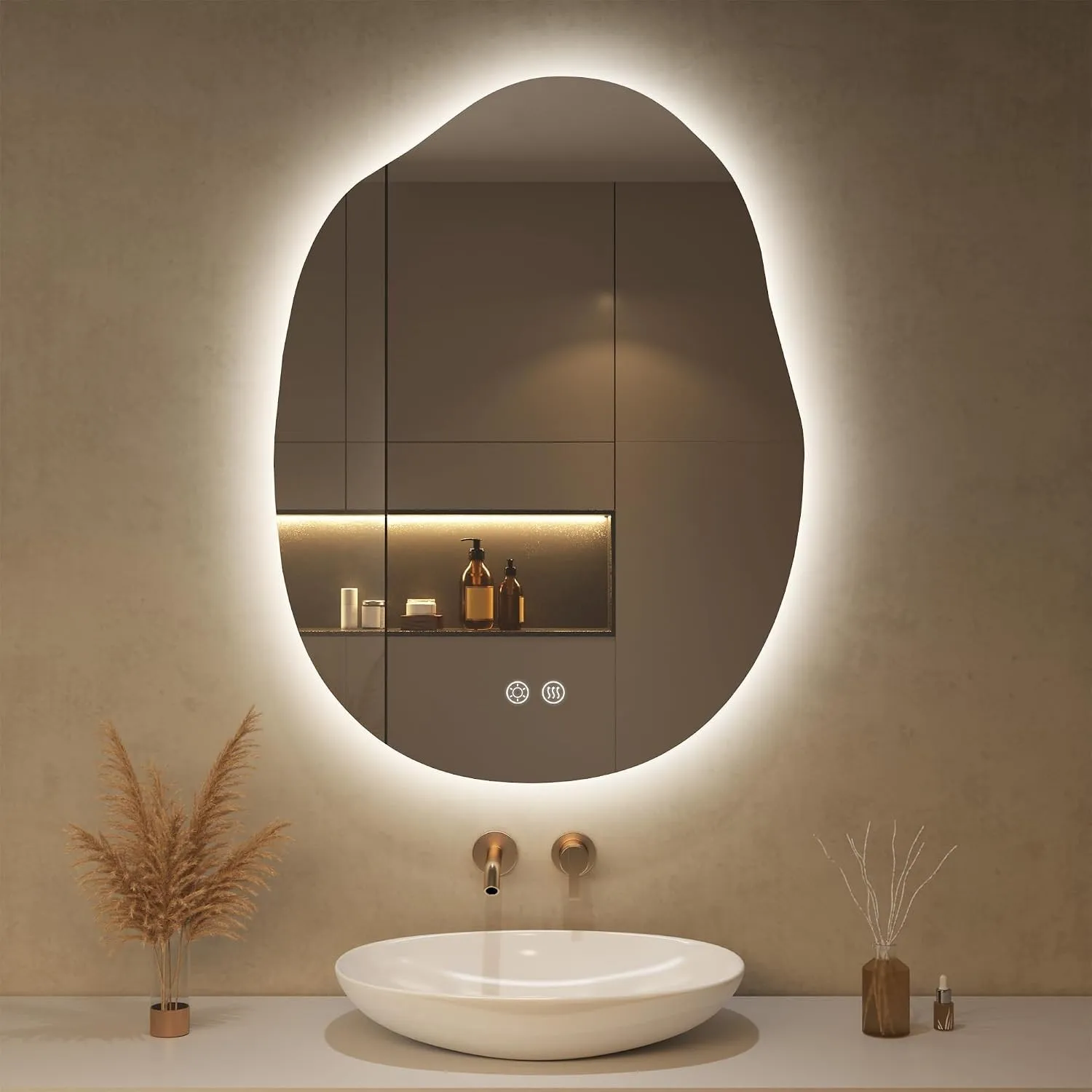 60x80cm LED Badspiegel mit Beleuchtung Asymmetrischer