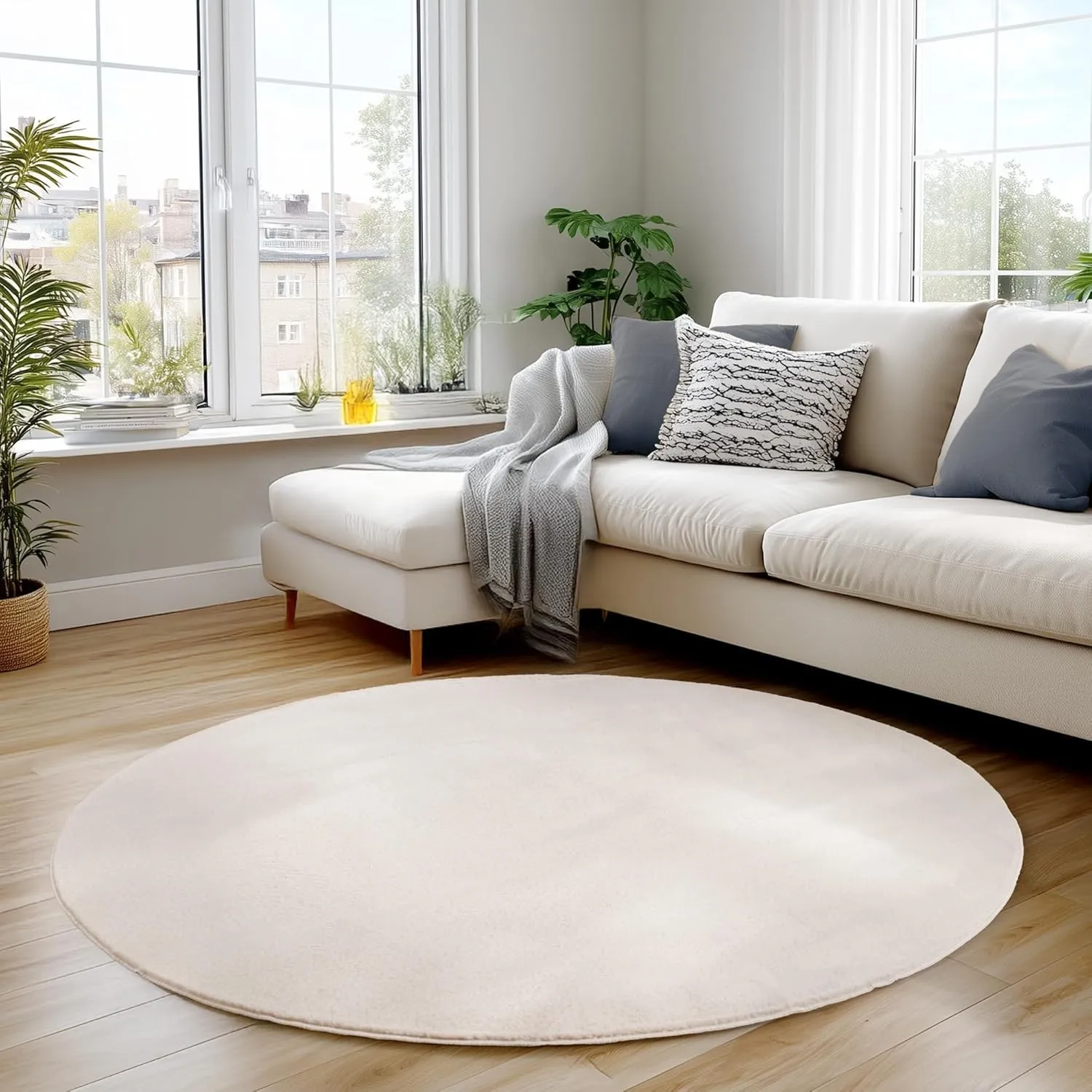 Carpettex Waschbarer Kurzflor Teppich Rund 200 cm Creme Einfarbig Weich