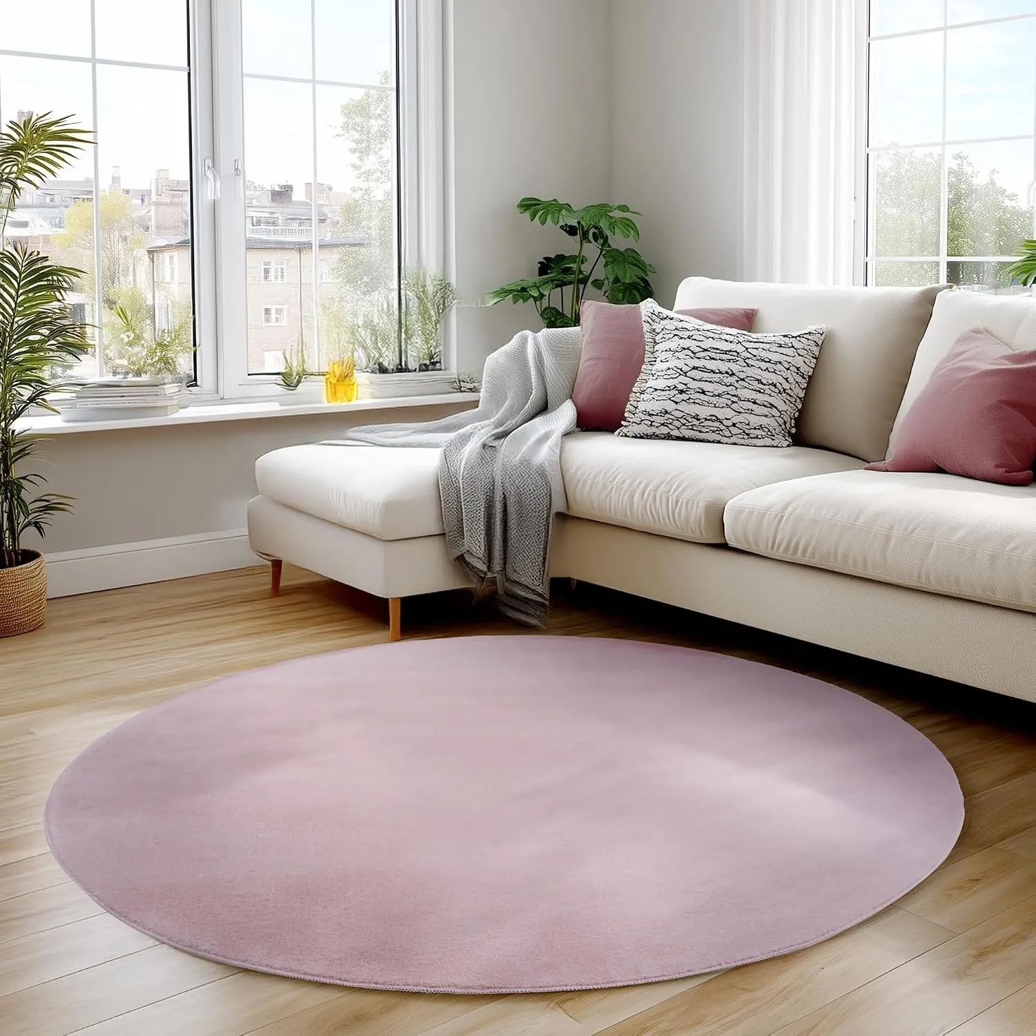 Carpettex Waschbarer Kurzflor Teppich Rund 160 cm Rosa Einfarbig Weich