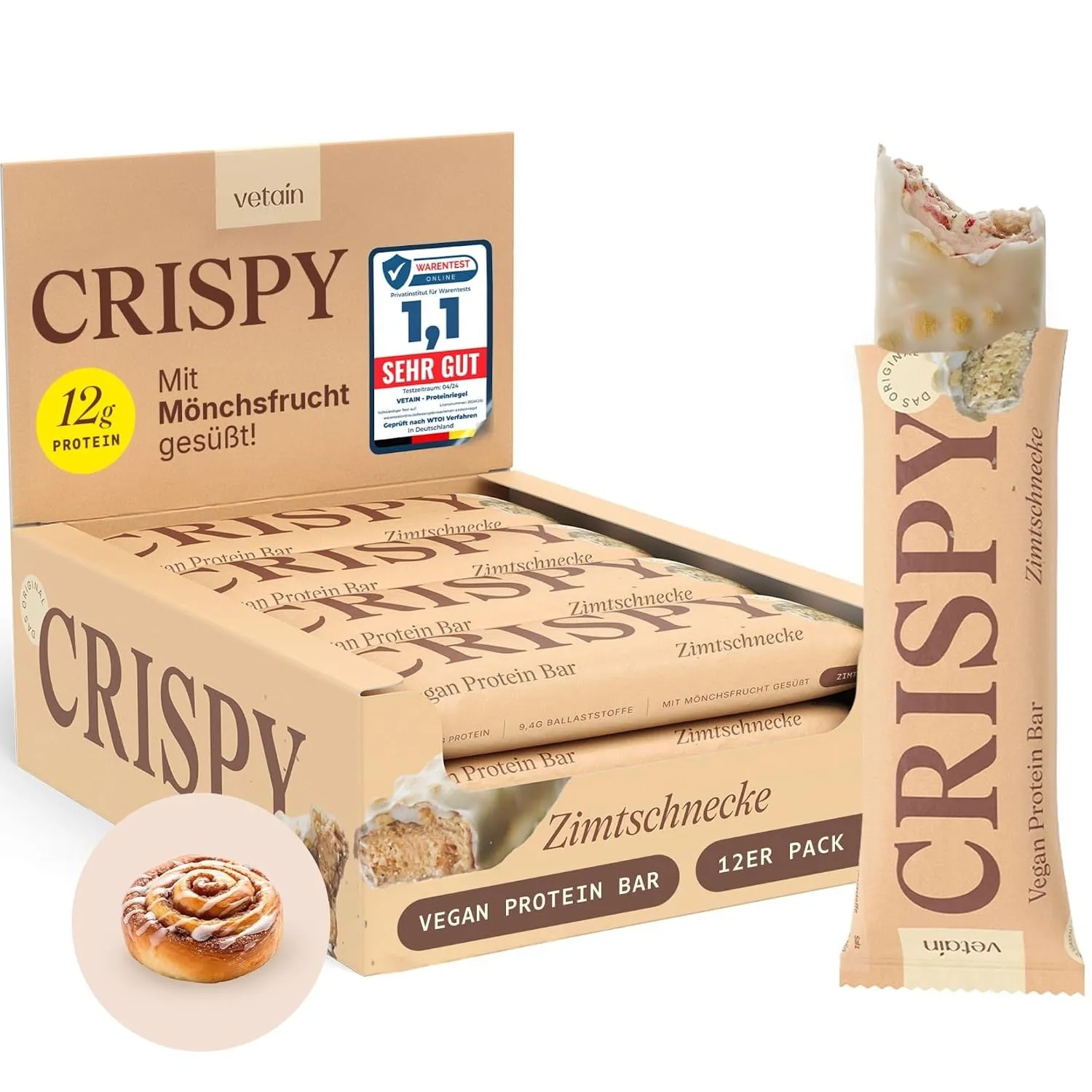 VETAIN Vegan Proteinriegel - Crispy Zimtschnecke - 12g Protein pro Riegel - Mit Mönchsfrucht gesüßt - 100% natürliche Z…