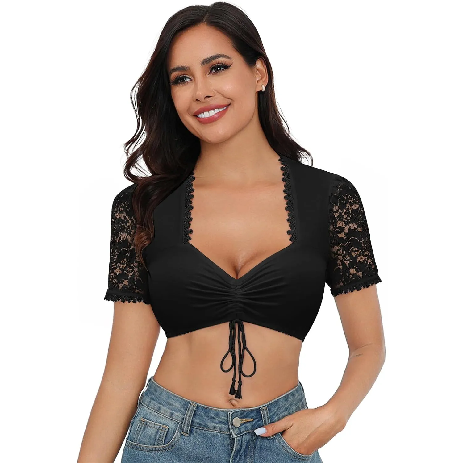 Zeagoo Dirndl Bluse Damen Spitze Kurzarm Trachtenbluse für Oktoberfest