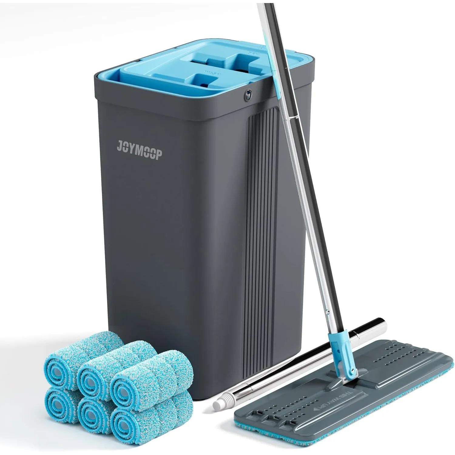 JOYMOOP Wischmopp und Eimer Set mit Auswringer, Mops für Bodenreinigung, Wandwischerreiniger mit langem Griff, mit 6 wi…