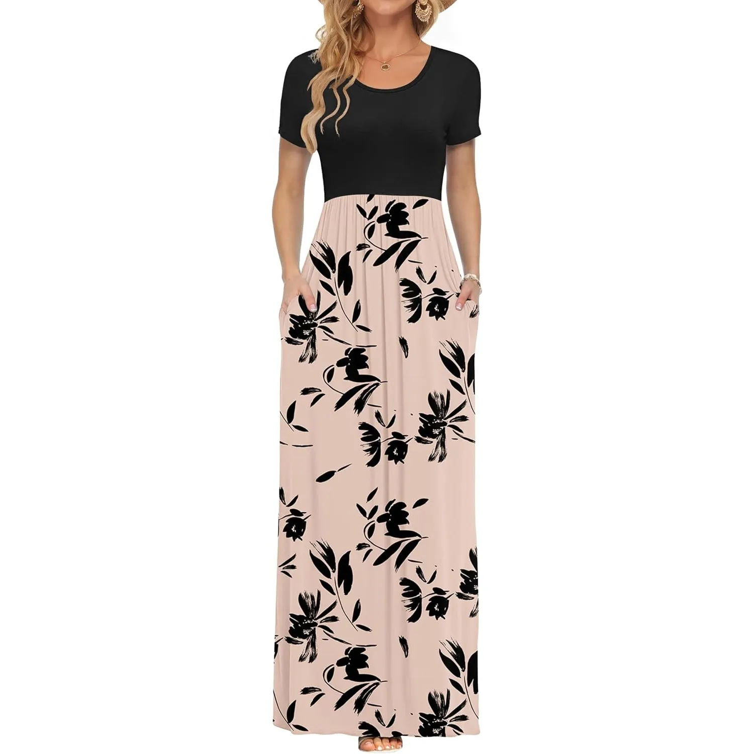 AUSELILY Damen Kurzarm Sommer Casual Long Maxi Kleider mit Taschen | Ganzjähriges Tragen, solider Blumendruck, Freizeit…