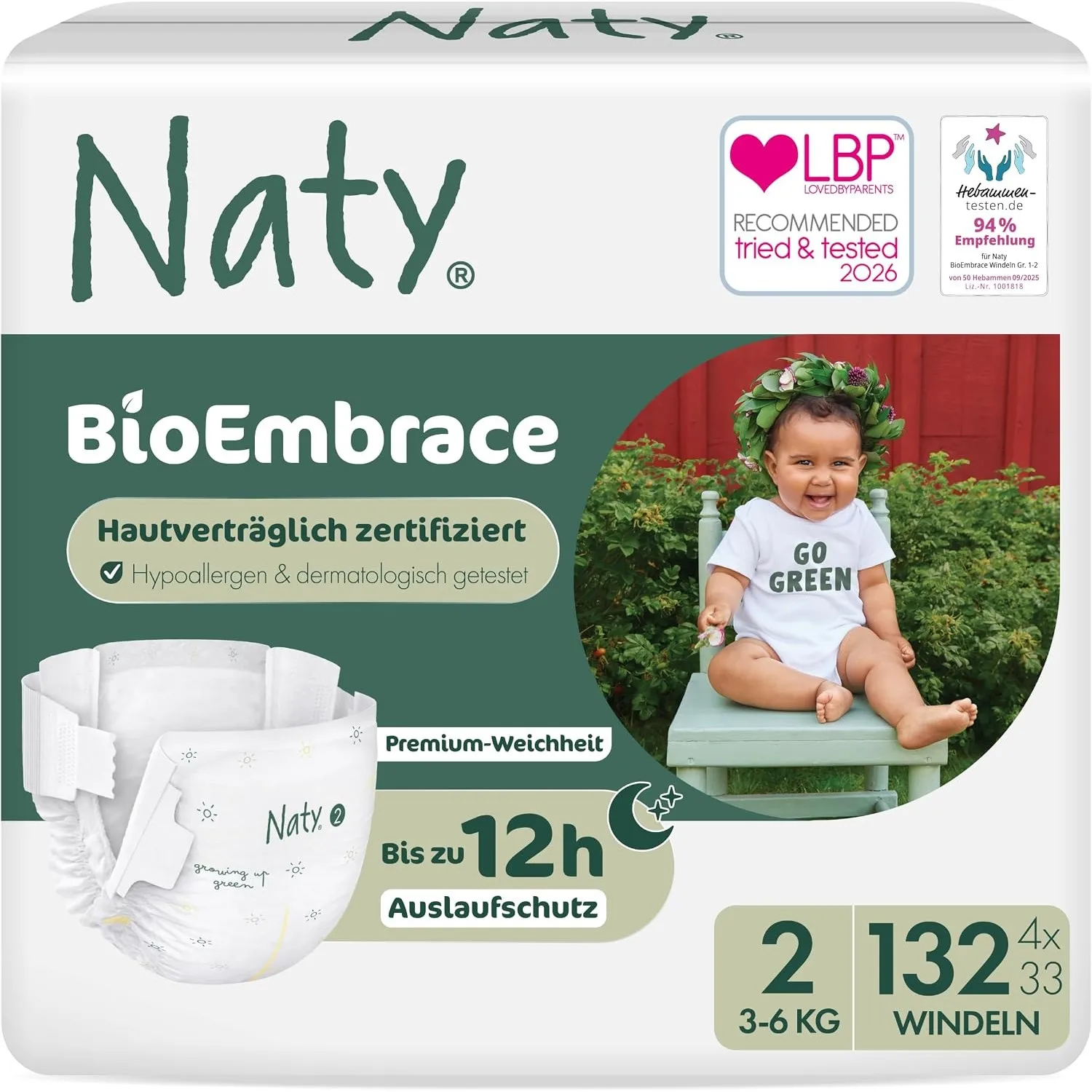 Naty BioEmbrace Baby Windeln für Neugeborene, Größe 2 (3–6 kg), 132 Stück