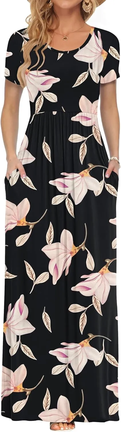 Auselily Women's Short-Sleeved, Loose Casual Long Maxi Dresses with Pockets