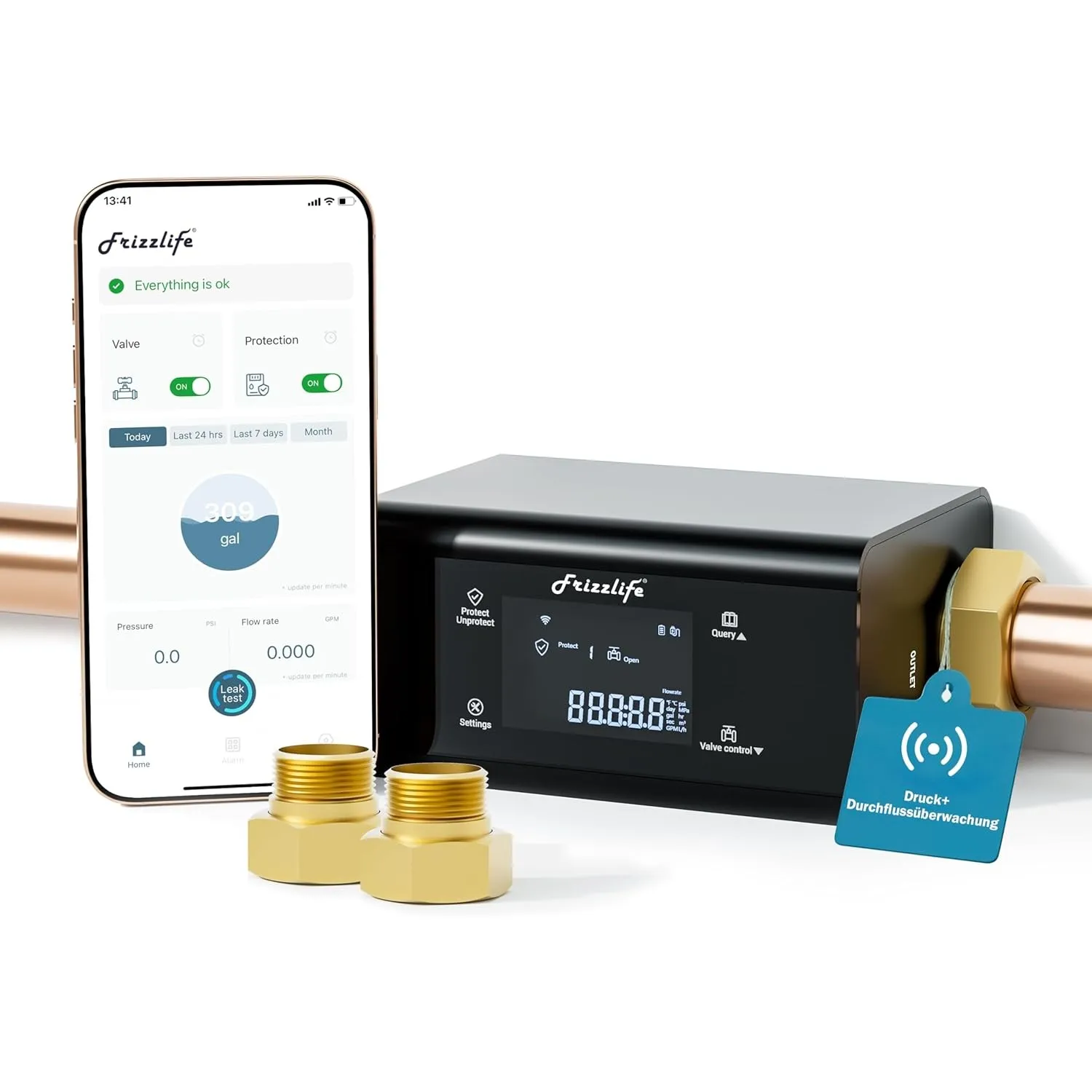 Frizzlife LP365-P Wassermonitor & Absperrventil | Ultraschall-Mikroleckageerkennung (0,04 l/min) | WLAN-App | Druck- & …