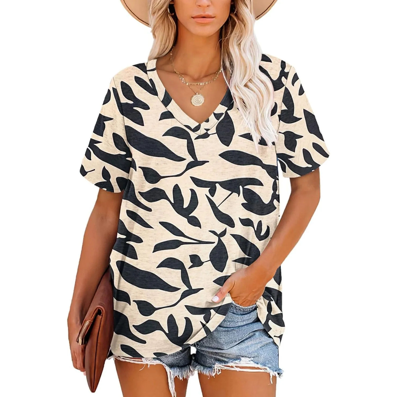 MOLERANI T-Shirts für Damen Kurzarm V-Ausschnitt Gestreifte Sommer Tops Casual Lose T-Shirt S-2XL Size