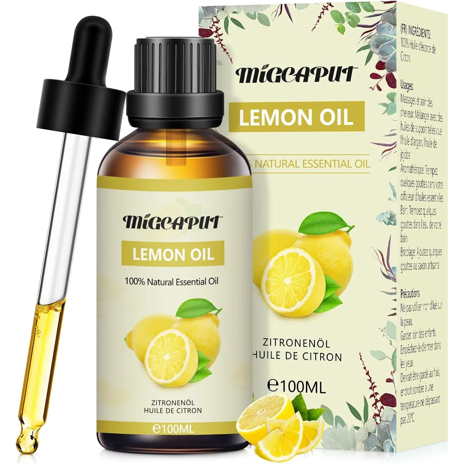 Migcaput Ätherische Zitronenöl 100ml, Kaltgepresst aus Zitrone, 100% Naturrein Lemon Oil für Diffuser, Luftbefeuchter, …