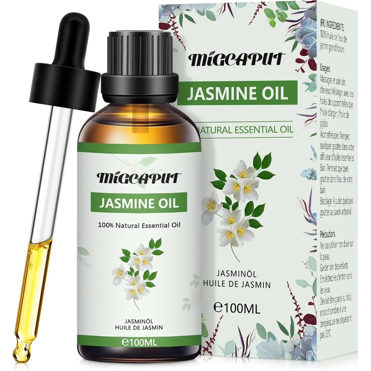 Migcaput Jasminöl Ätherisches Öl 100ml, 100% Reines Natürliches Jasmin Öl für Diffuser, Aromatherapie, Parfüm, Kerzenhe…