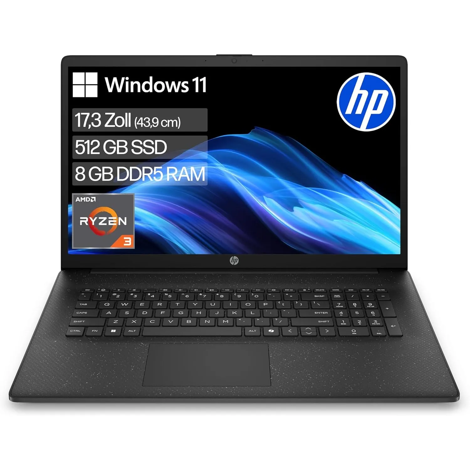 HP Laptop mit 17,3" FHD Display, AMD Ryzen 3 7320U, 8 GB DDR5 RAM, 512 GB SSD, AMD Radeon Grafik, Windows 11, QWERTZ, S…