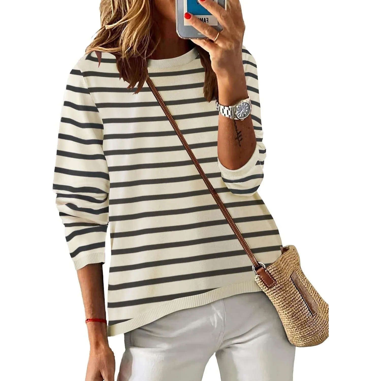 Cuptacc Pullover Damen Elegant Gestreifts Sweatshirt Rundhals Casual