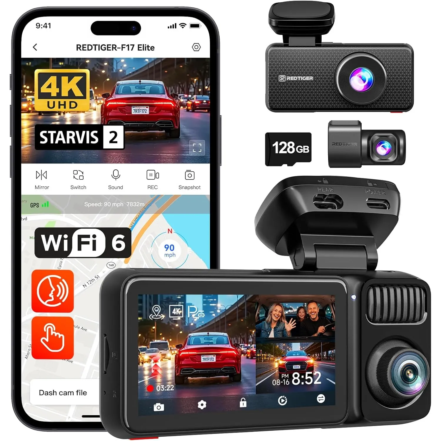 REDTIGER F17 Elite 4K 3 Kanal Dashcam Auto, STARVIS 2 IMX678 & IMX 675 | 128GB Karte, Full Night Color, 4K+2.5K+1080P V…