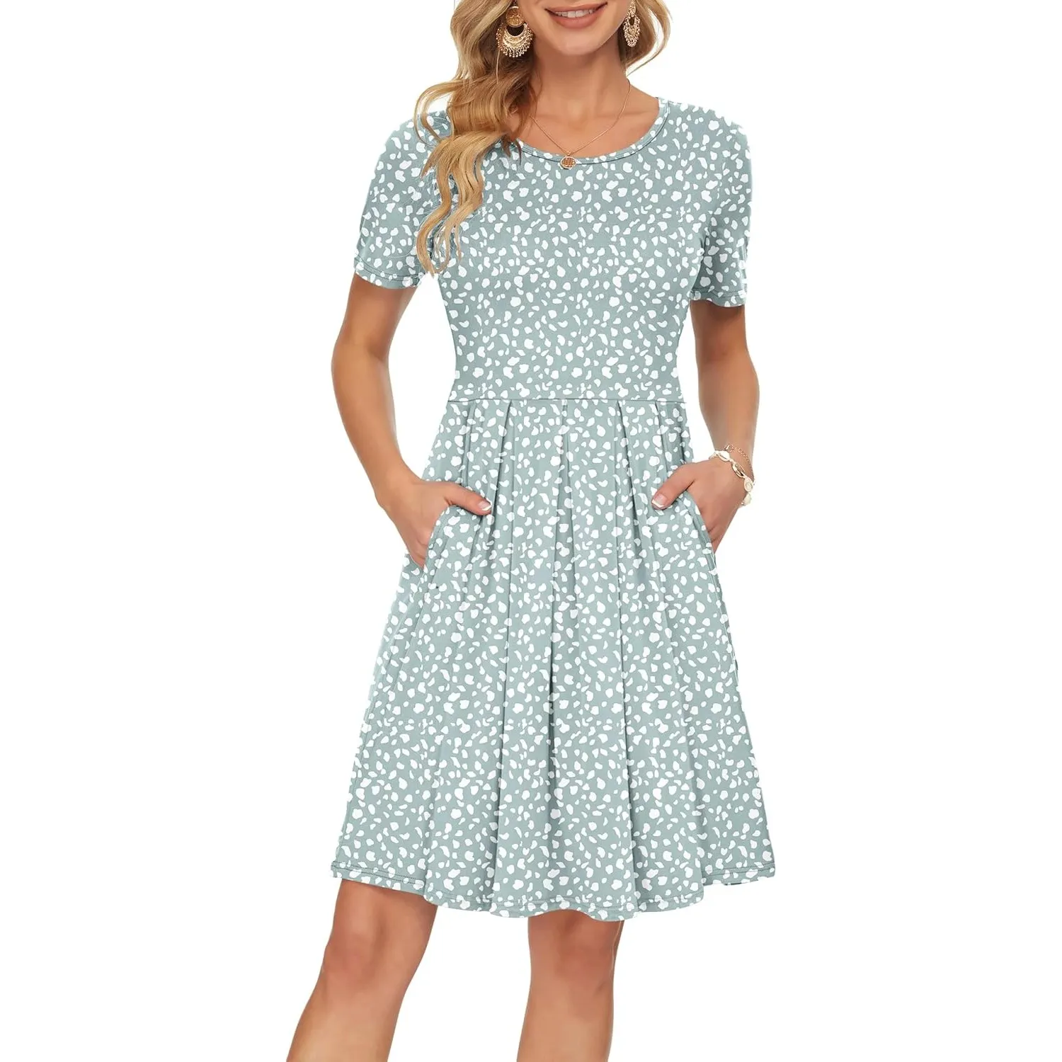 AUSELILY Damen Kurzarm Plissee Loose Swing Freizeitkleid mit knielangen Taschen