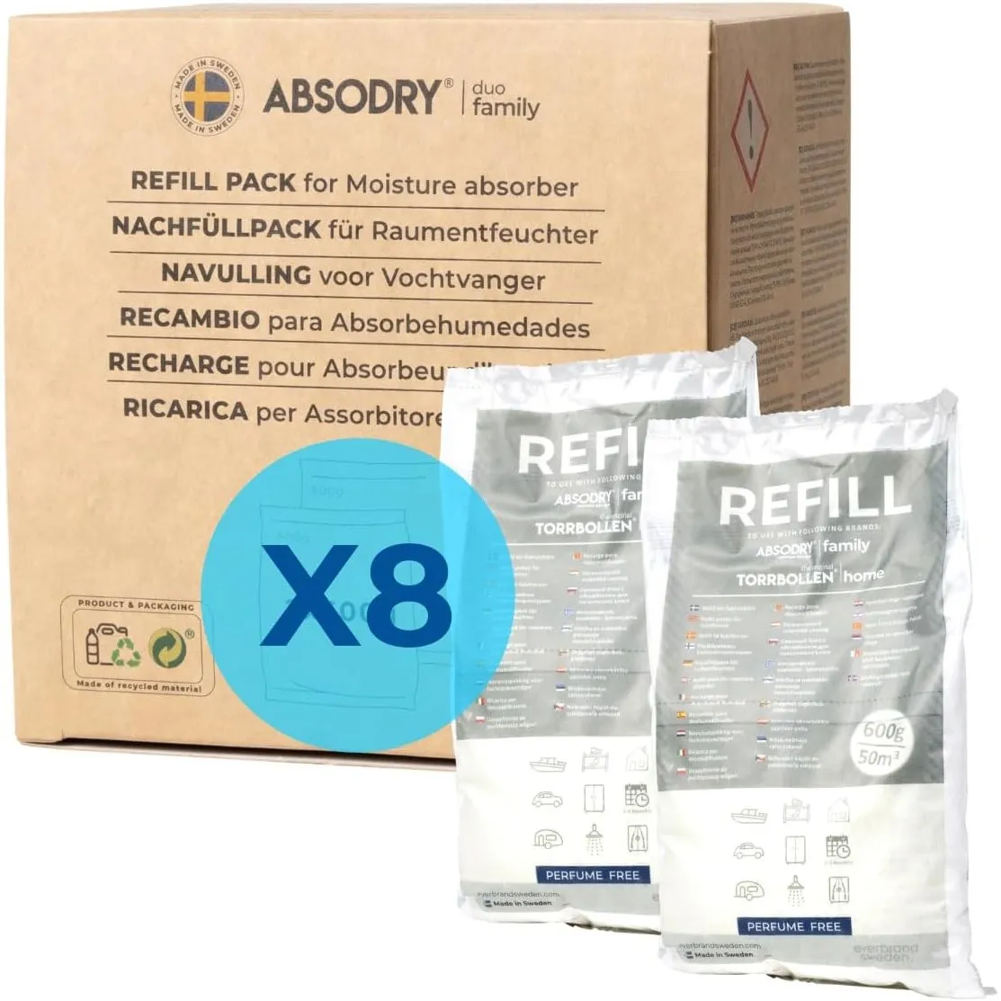 ABSODRY - Luftentfeuchter Nachfüllpack 8x600g - AbsoDry kompatibel - Verhindert Geruch & bindet Feuchtigkeit - Trockenm…