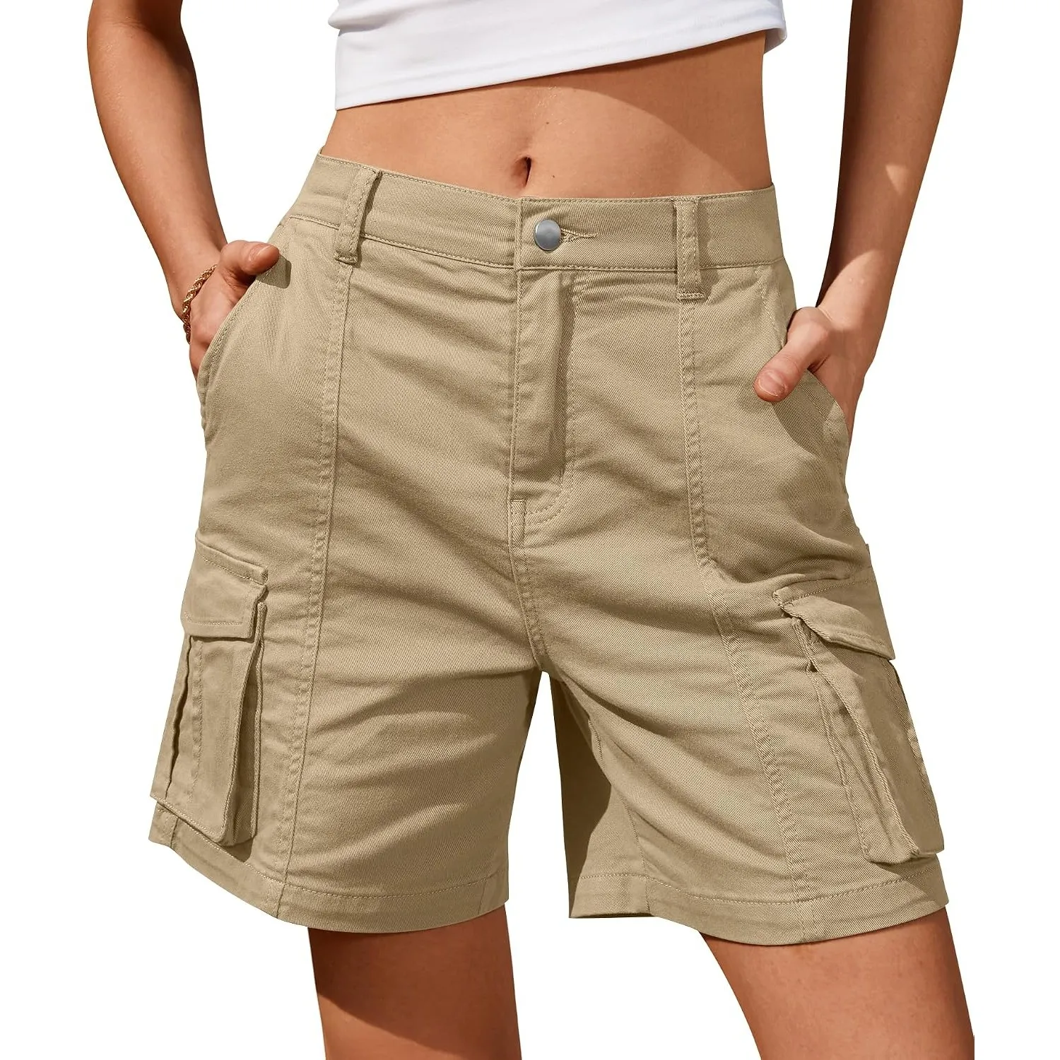 IVIR Kurze Hose Damen Sommer Bermuda Cargo Shorts Hohe Taille Baumwolle mit Elastischem Bund und 6 Taschen