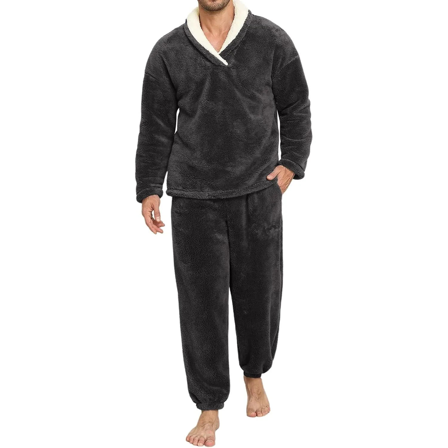 Voqeen Schlafanzug Herren Flauschig Winter 2 Stück Pyjama Herren Sets Weiches Fleece Warm Lose Schlafanzüge Gemütlich L…