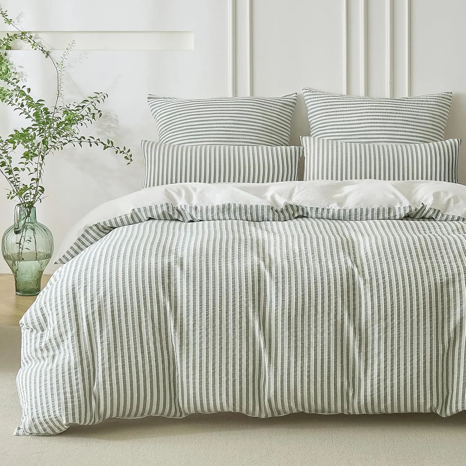 SOULFUL Bettwäsche 155x220 Baumwolle Gestreift Jacquard Oeko-TEX Salbeigrün