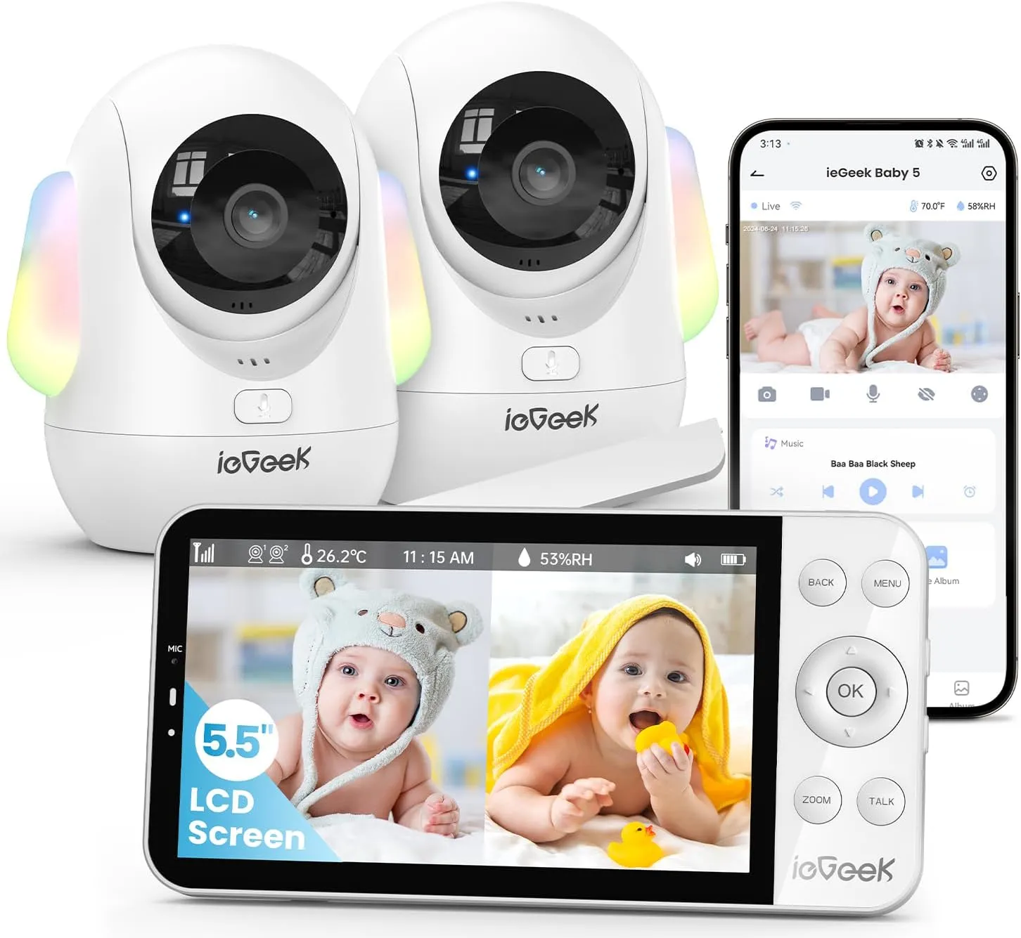 ieGeek Babyphone mit 2 Kameras APP [2,5K/4MP, 5,5 Zoll] WLAN Video babyfone, PTZ 360°/100°, AI-Erkennung, Smartes Nacht…