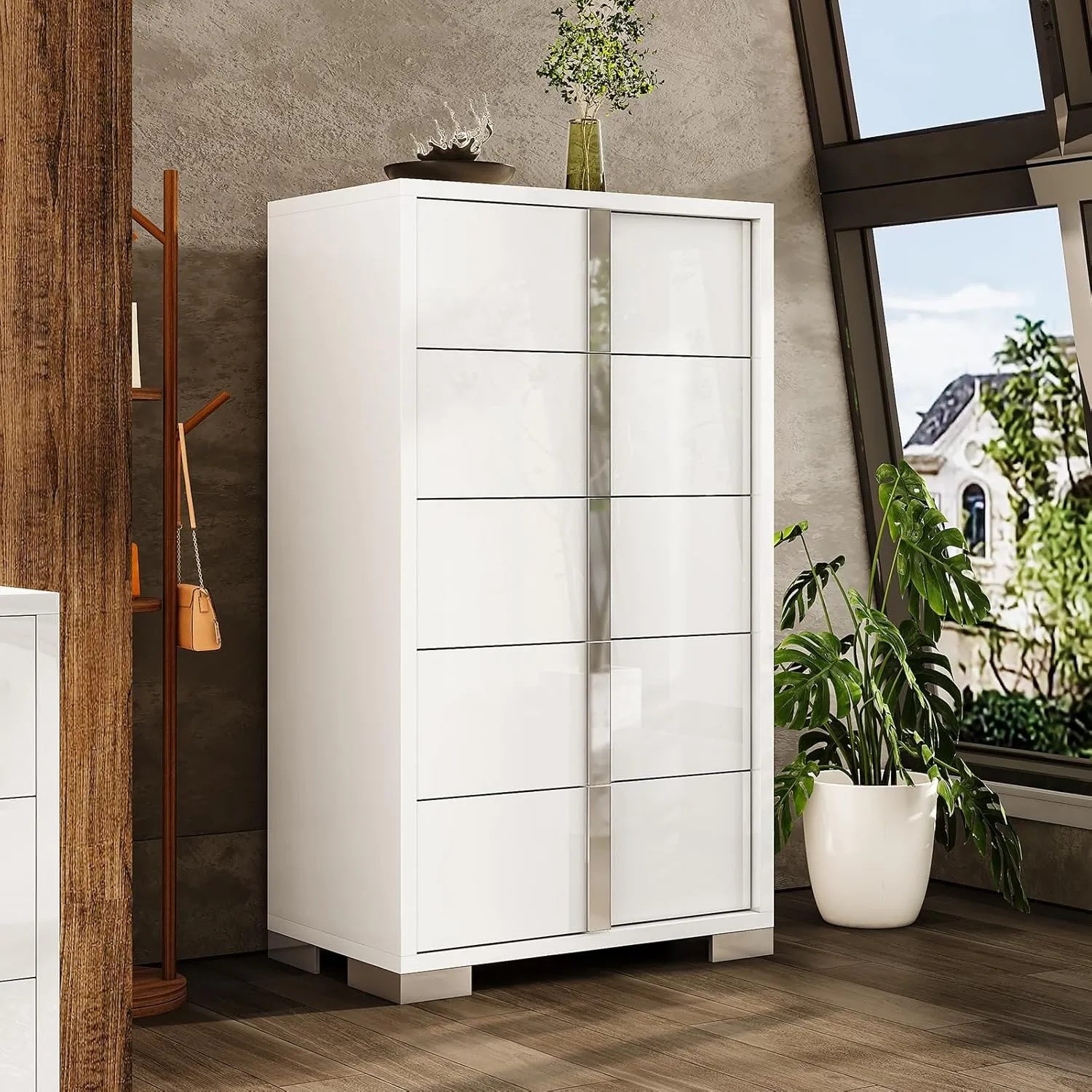 LUXOAK Hohe Kommode mit 5 Schubladen, Weiß Hochglanz | Verspiegelte Griffleisten, moderner Stauraum, Schlafzimmer & Woh…