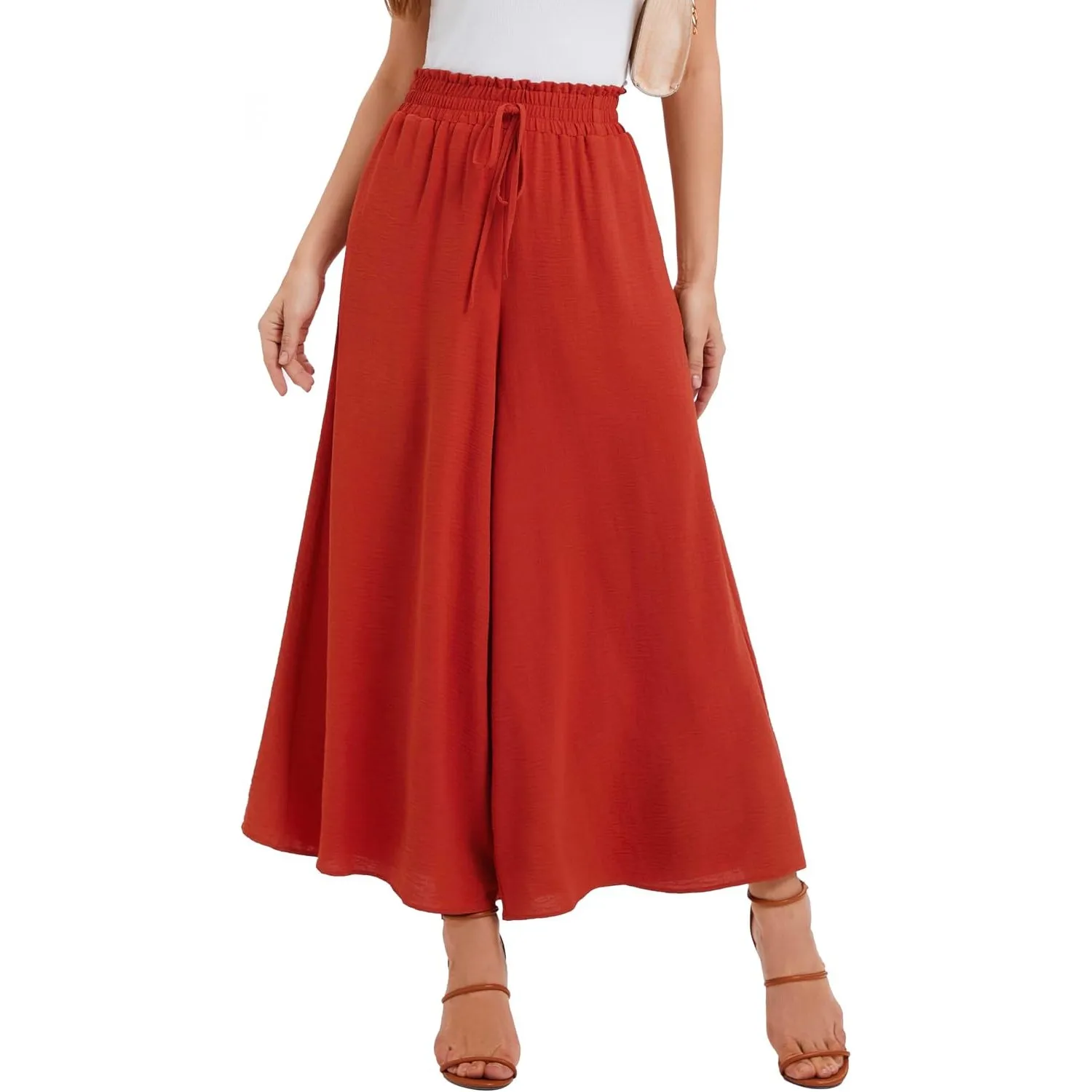 Sommerhose Damen Leicht Lässige Palazzo Hose Elegant High Waist Baggy Freizeithose mit 2 Taschen