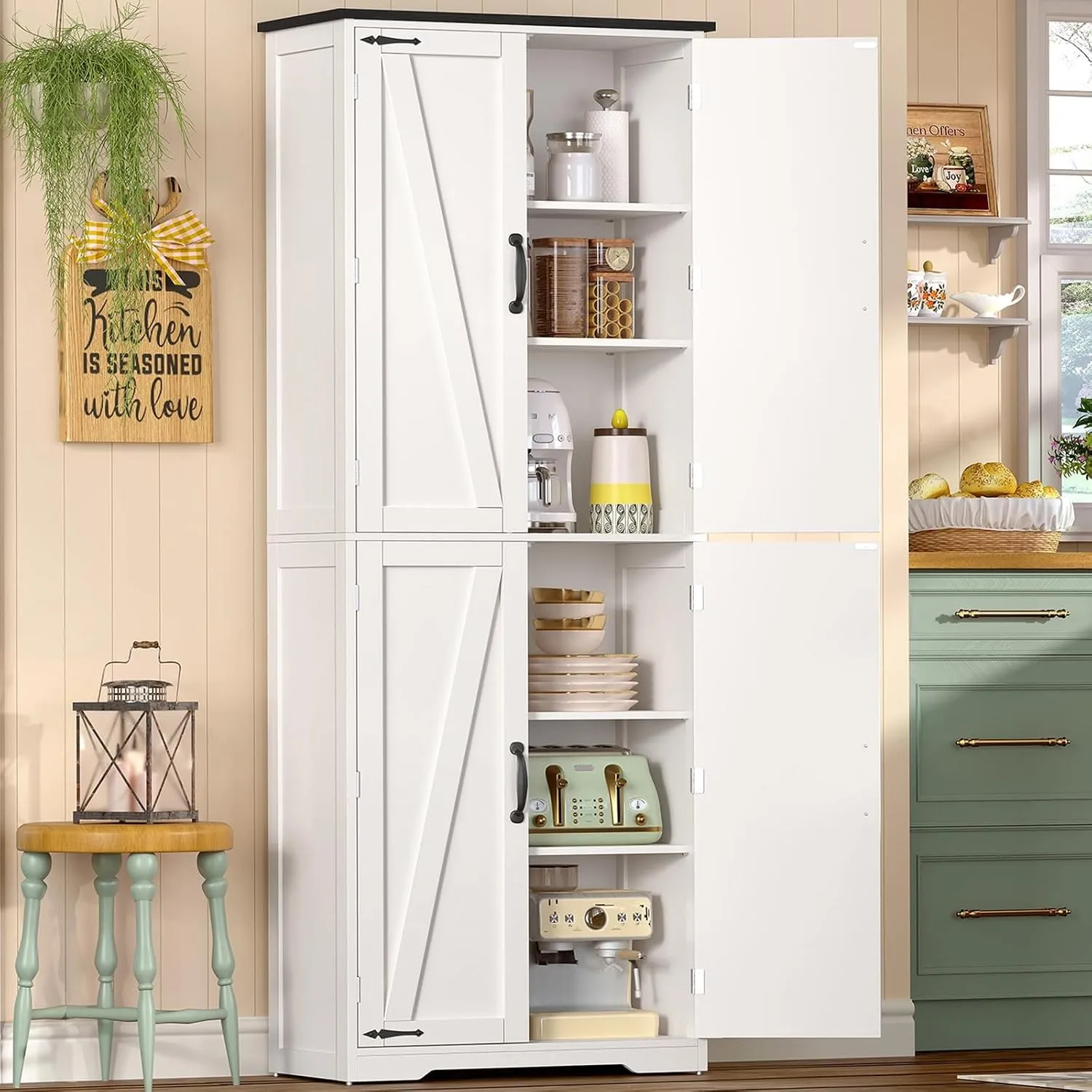 TEENFON 170 cm Küchenschrank 4 Scheunentüren, Mehrzweckschrank Hoch mit 2 Feste Regale & 2 Verstellbare Regale, Vorrats…