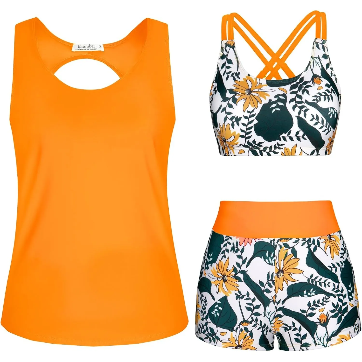 JASAMBAC 3-teiliger Tankini Damen Bauchweg, Push-up-Bikinioberteil und High Waist Badeshorts, einfache Badebekleidung, …