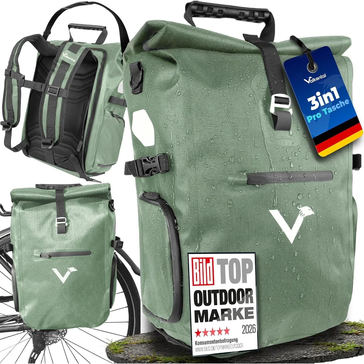 Valkental® - 3in1 Fahrradtasche Pro - Das Original - Hochwertiges Nylon - 23L Volumen - Geeignet als Gepäckträgertasche…