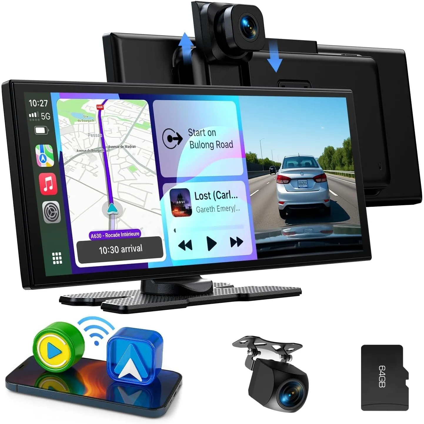 LAMTTO Wireless CarPlay Android Auto Display 10,25 Zoll In-Cell Touchscreen Car Play mit Dashcam 2.5K+1080P Sprachsteue…