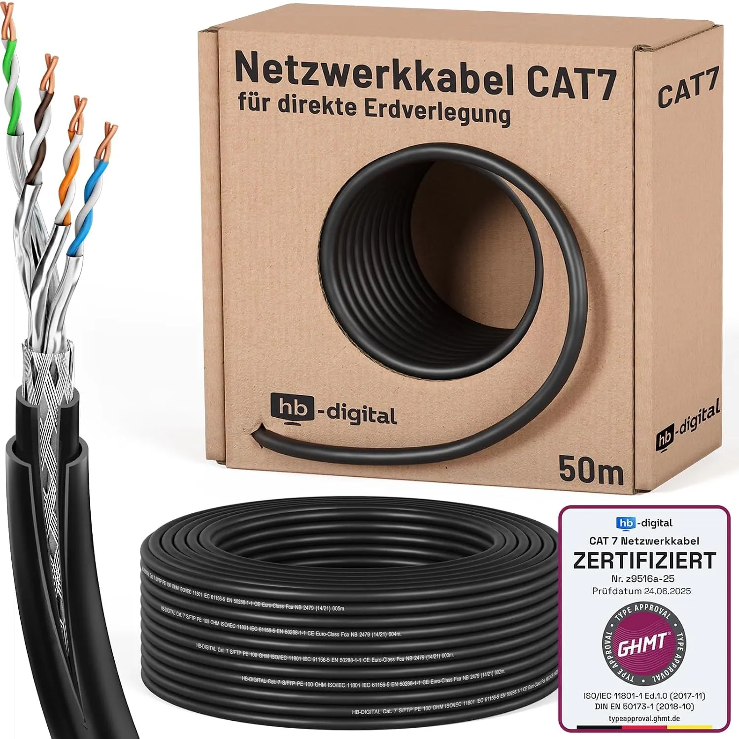 HB-DIGITAL 50m CAT 7 Outdoor Doppelmantel Netzwerkkabel - Schwarz | Für direkte Erdverlegung, GHMT Zertifiziert, S/FTP …