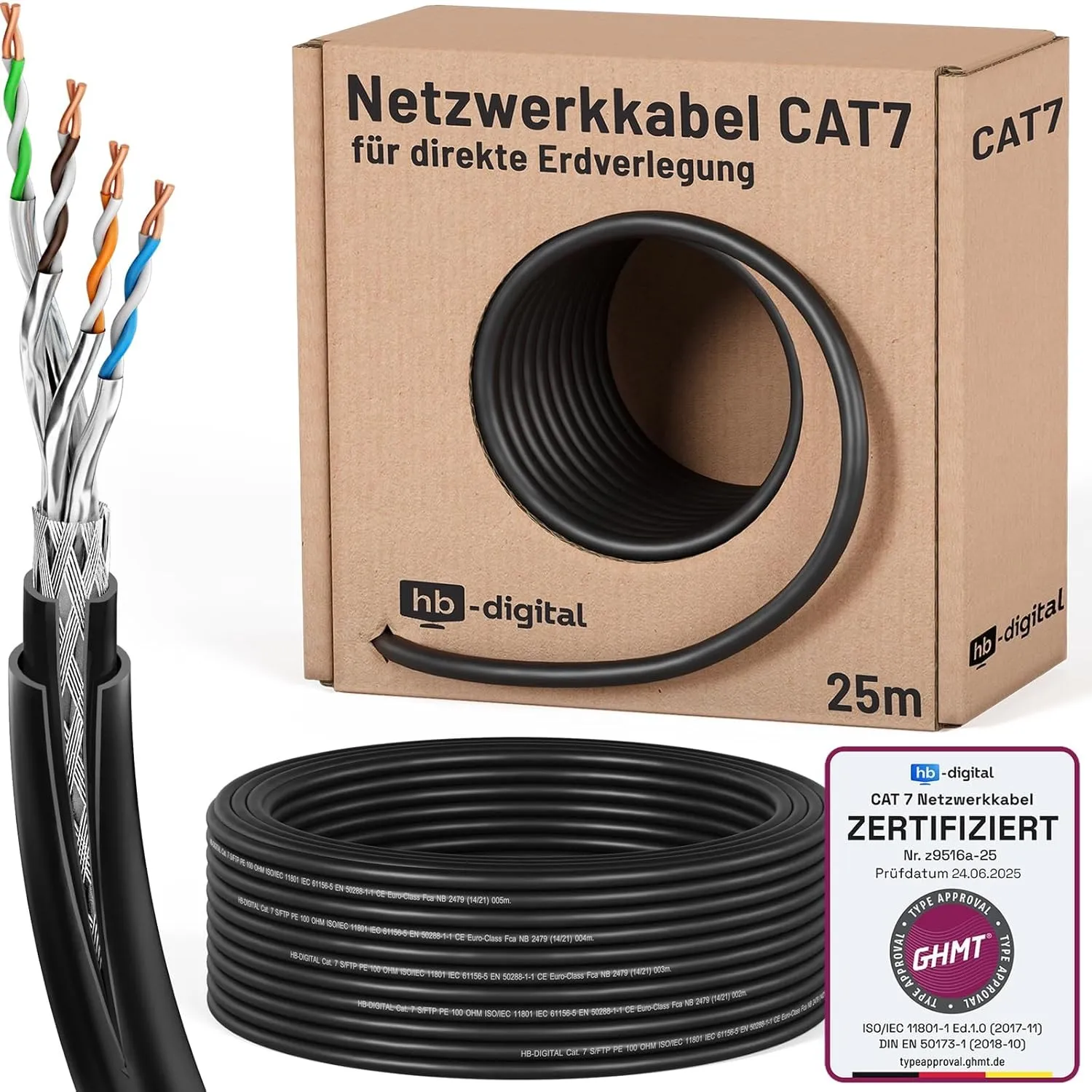 HB-DIGITAL 25m CAT 7 Outdoor Netzwerkkabel für direkte Erdverlegung -GHMT Zertifiziert- S/FTP AWG23 reines Kupfer Doppe…