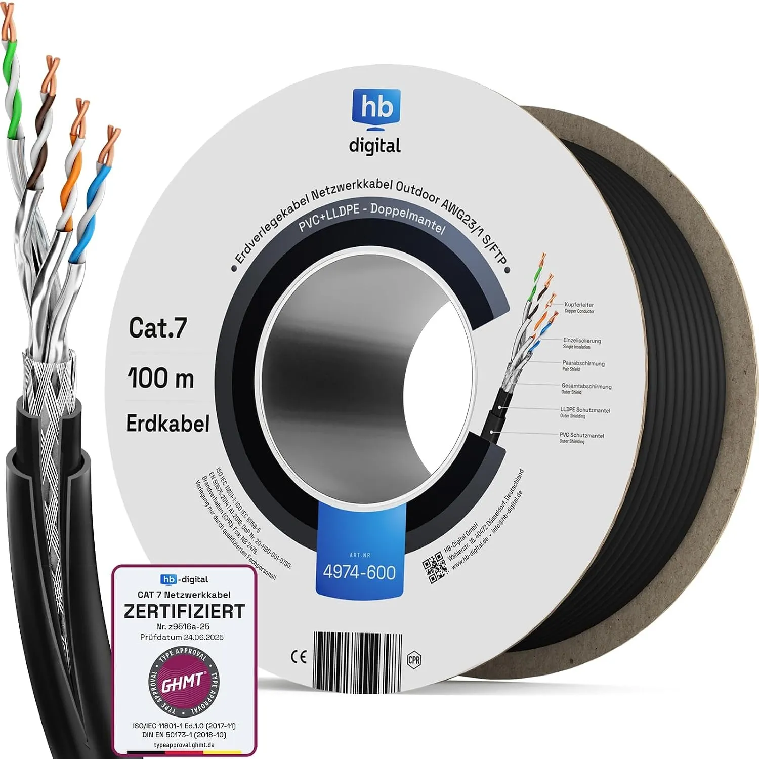 HB-DIGITAL 100m CAT 7 Outdoor Doppelmantel Netzwerkkabel - Schwarz | Für direkte Erdverlegung, GHMT Zertifiziert, S/FTP…