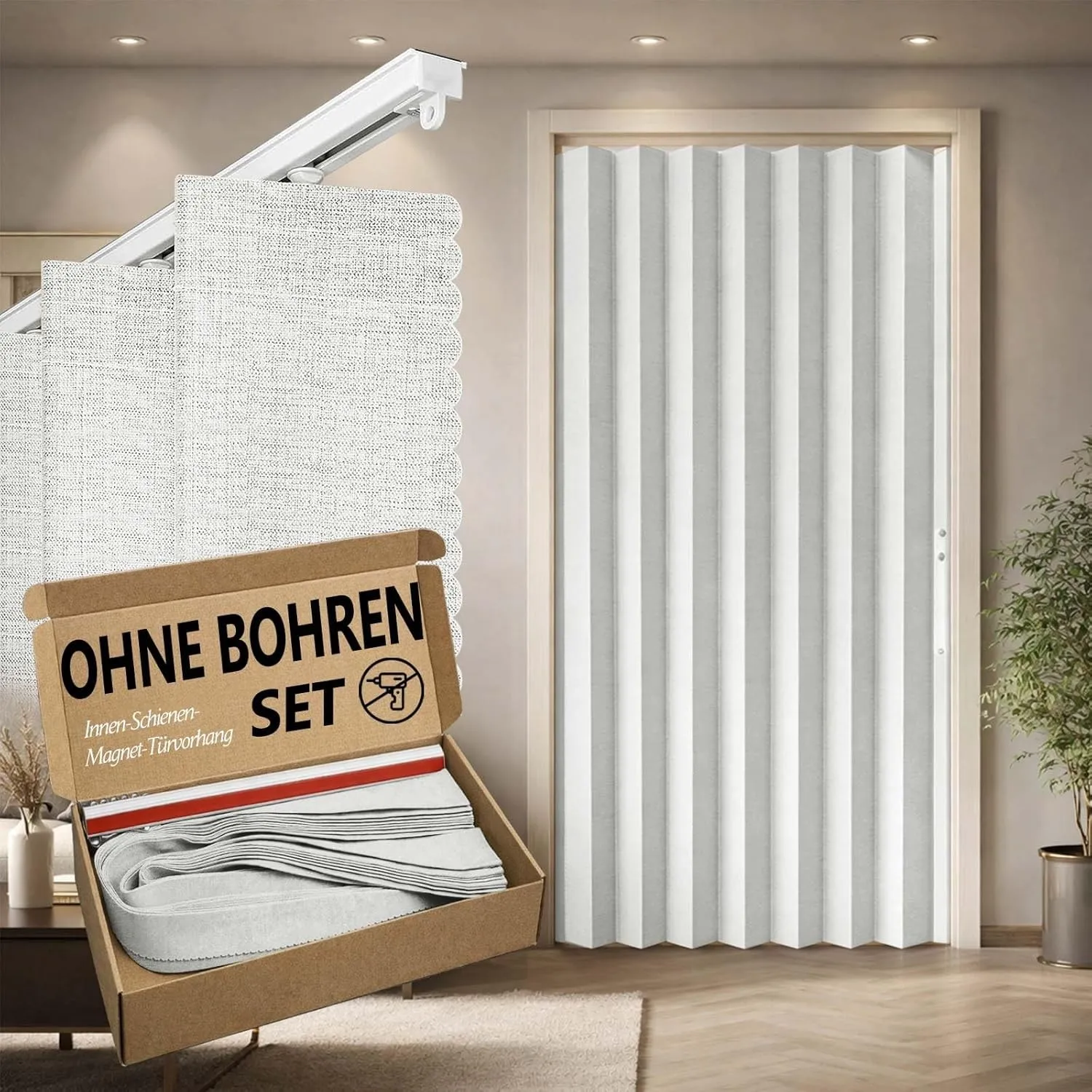 Jilron 100% Blickdichter Türvorhang – Faltbarer Akordion-Stil mit Magnetverschluss, Klebemontage ohne Bohren, inkl. Kle…