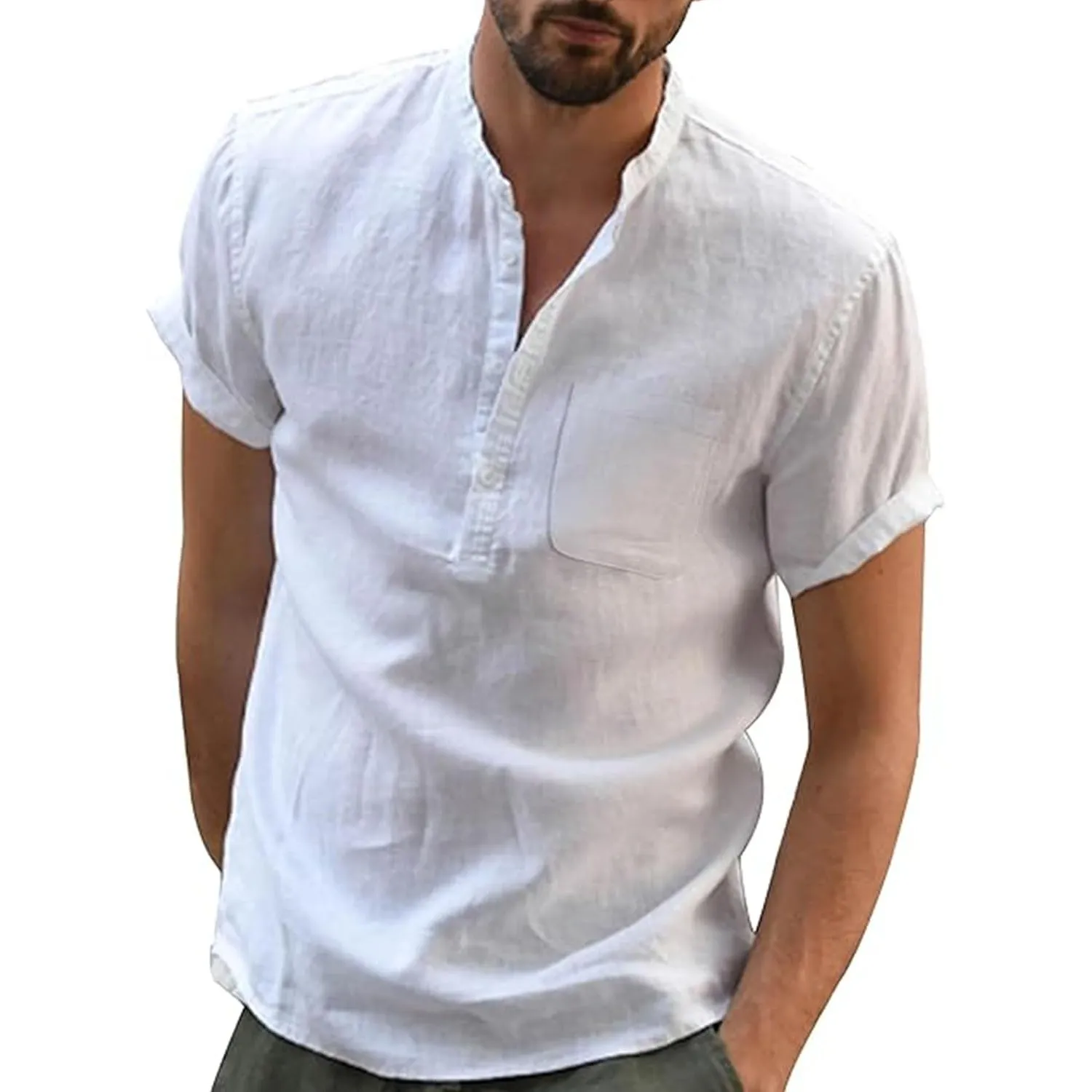 Leinen Hemd Herren Kurzarm Sommer Shirt Männer Henley mit Brusttasche Universal Fit M-3XL