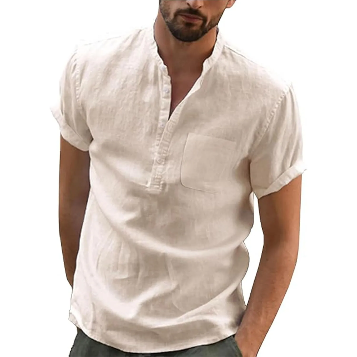 Leinen Hemd Herren Kurzarm Sommer Shirt Männer Henley mit Brusttasche Universal Fit M-3XL