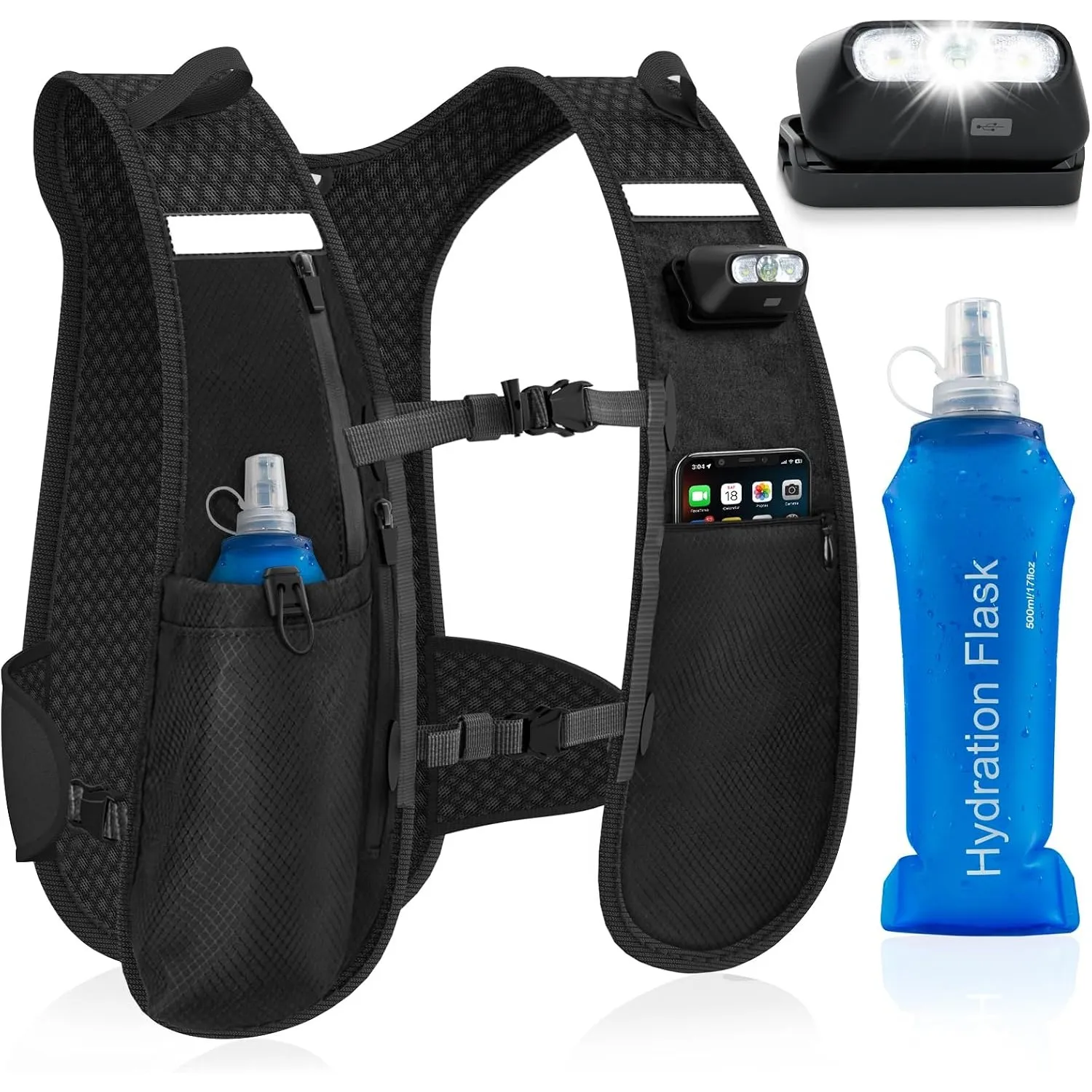 Nextyu Laufweste Damen und Herren, Trinkweste mit Trinkflasche Soft 500ML & Handytasche, Trinkrucksack Reflektierend Le…