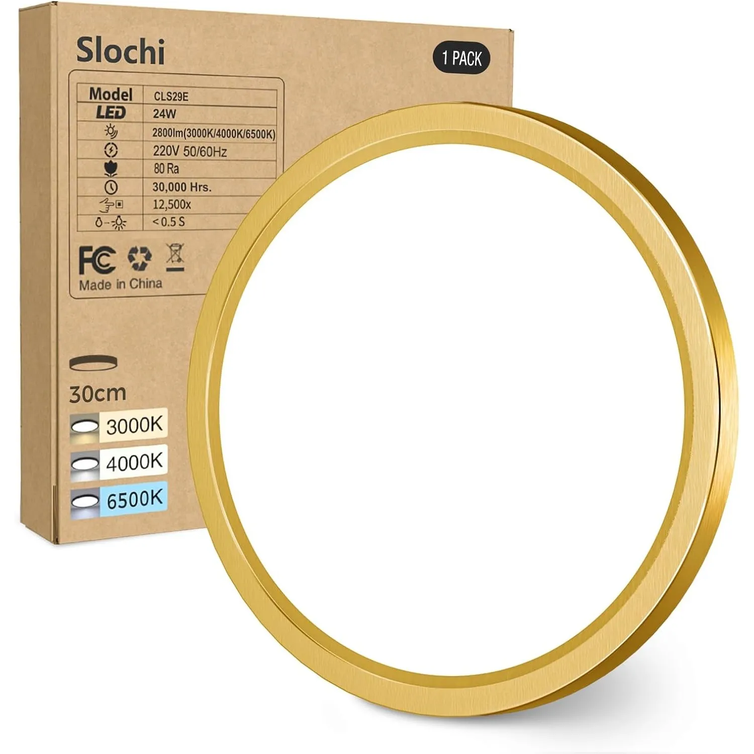 slochi Deckenlampe LED Deckenleuchte Flach, Ø30CM 3Farben 24W 2800LM Golden
